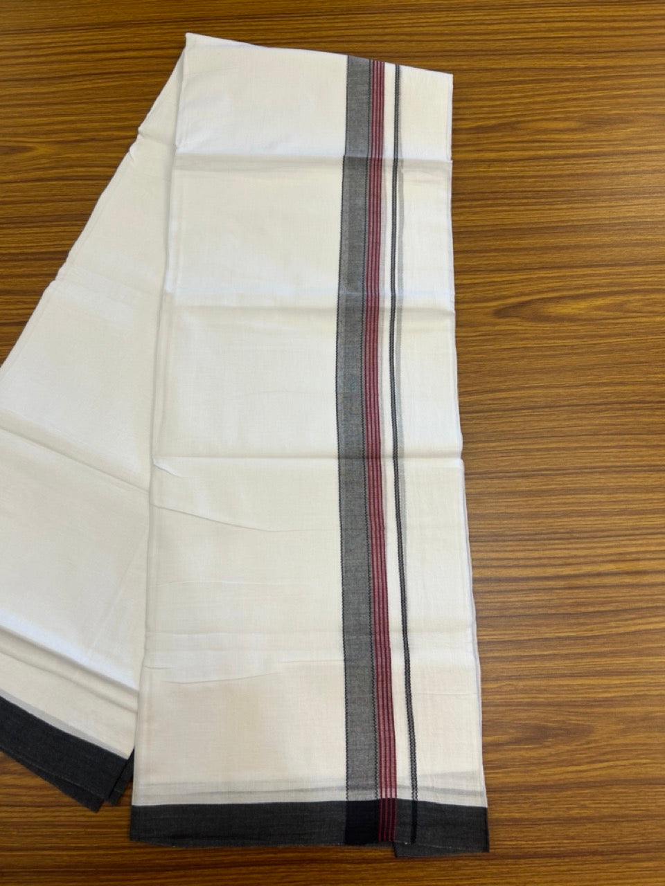 14% Discount ! Kaitharikada Balaramapuram 100% Cotton Pure White Double Mundu/Dothi - 72x72 - 1.25 inch Wine Red & Black Striped Kara 3.65 mtr (8 muzham) - 15 KK5298 SKM