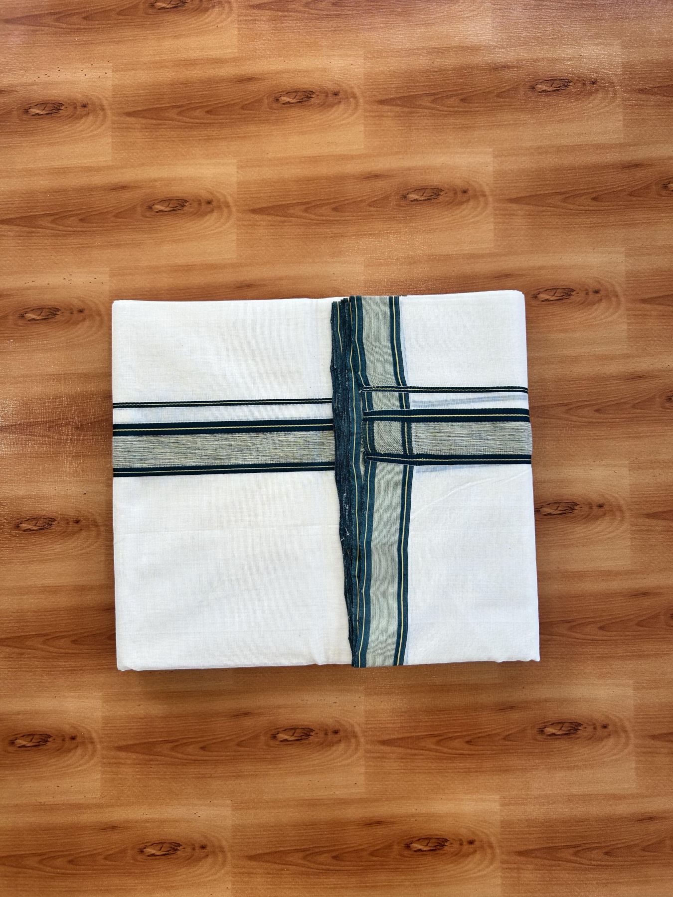 Double Off White (Unbleached) Mundu/Dhoti - 25% Discount!! KaithariKada Handloom Unakkupaav - Kerala Handloom - 100% Pure Cotton - 100x80 - 1.25 inch Dark Green & Yellow Shaded Striped Kara 3.80 meter (8 muzham) - 50 KK5436 REA