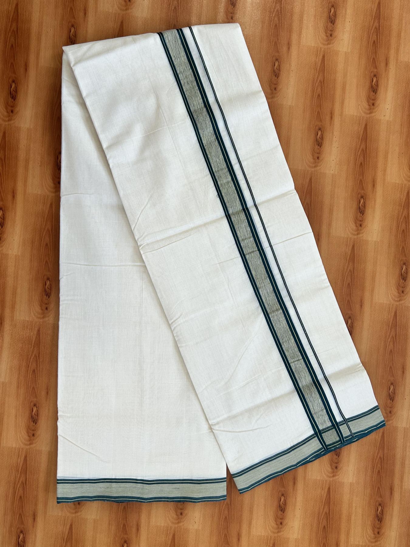 Double Off White (Unbleached) Mundu/Dhoti - 25% Discount!! KaithariKada Handloom Unakkupaav - Kerala Handloom - 100% Pure Cotton - 100x80 - 1.25 inch Dark Green & Yellow Shaded Striped Kara 3.80 meter (8 muzham) - 50 KK5436 REA