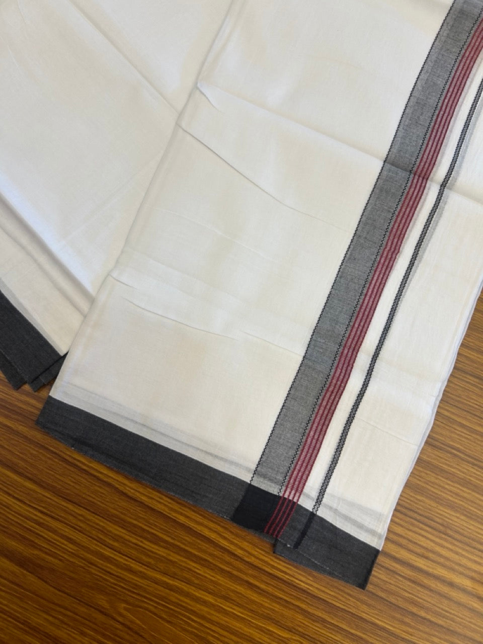 14% Discount ! Kaitharikada Balaramapuram 100% Cotton Pure White Double Mundu/Dothi - 72x72 - 1.25 inch Wine Red & Black Striped Kara 3.65 mtr (8 muzham) - 15 KK5298 SKM