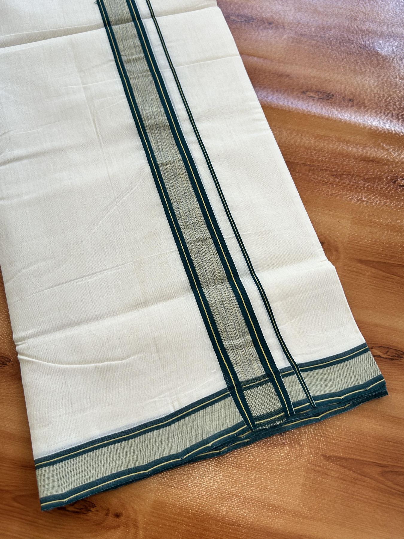 Double Off White (Unbleached) Mundu/Dhoti - 25% Discount!! KaithariKada Handloom Unakkupaav - Kerala Handloom - 100% Pure Cotton - 100x80 - 1.25 inch Dark Green & Yellow Shaded Striped Kara 3.80 meter (8 muzham) - 50 KK5436 REA