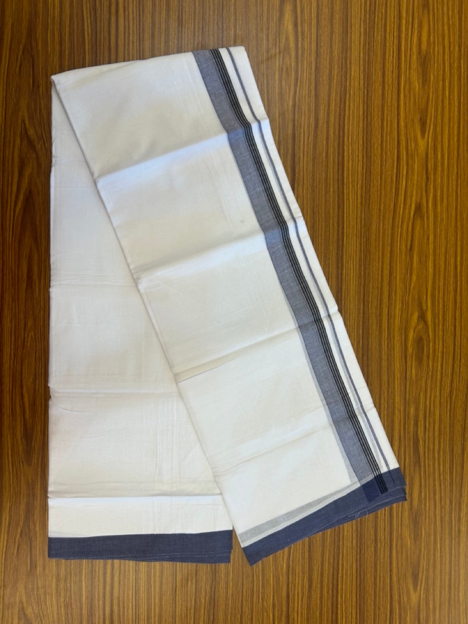 14% Discount ! Kaitharikada Balaramapuram 100% Cotton Pure White Double Mundu/Dothi - 72x72 - 1.25 inch Purple Ash & Black Striped Kara 3.65 mtr (8 muzham) - 1 KK5298 SKM