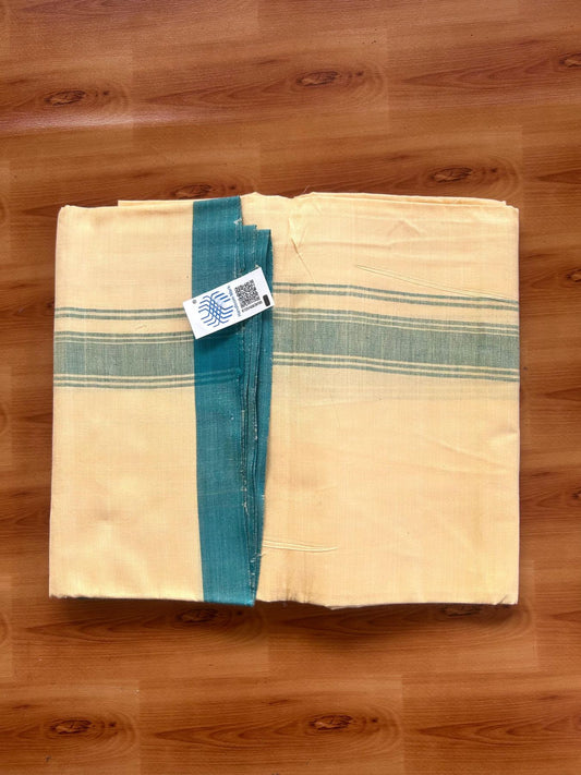 Kannur Kavi Dhoti - KaithariKada Kerala Handloom Single Mundu/Dhoti - 100% Pure Cotton 2/60x40s Thread - Kannur Yellow colour Body 1.5 inch Green shaded striped Kara - 6 KK8078 KAL