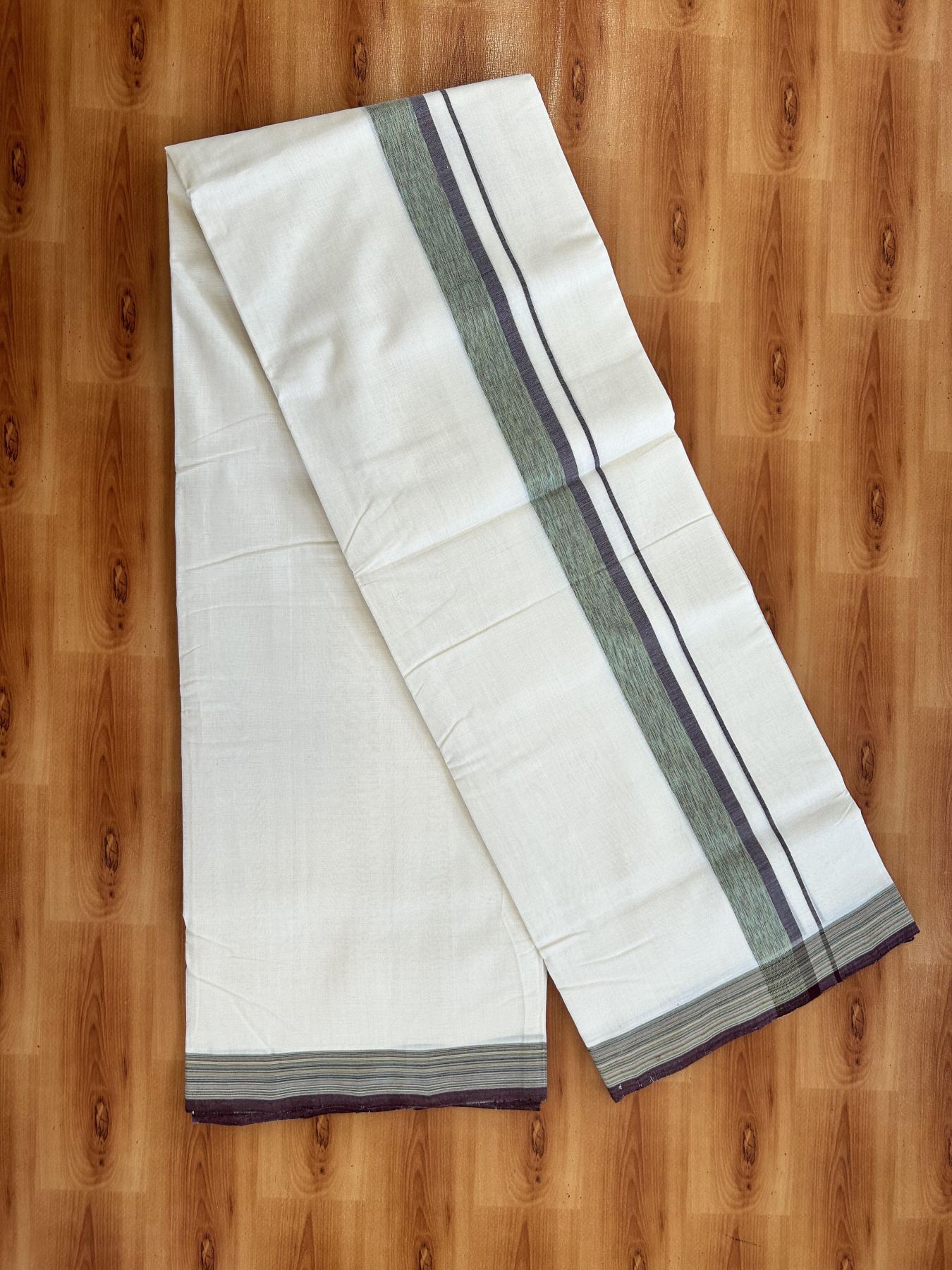 Double Off White (Unbleached) Mundu/Dhoti - 25% Discount!! KaithariKada Handloom Unakkupaav - Kerala Handloom - 100% Pure Cotton - 100x80 - 1.25 inch Brown & Multi Colour Shaded Kara 3.80 meter (8 muzham) - 51 KK5436 REA