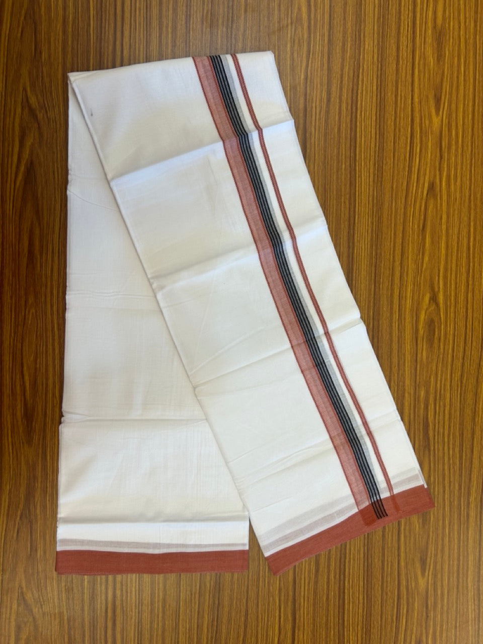 14% Discount ! Kaitharikada Balaramapuram 100% Cotton Pure White Double Mundu/Dothi - 72x72 - 1.25 inch Rust Brown & Black Striped Kara 3.65 mtr (8 muzham) - 5 KK5298 SKM
