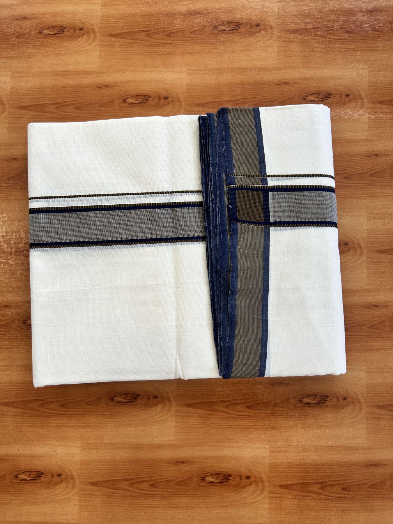 Double Off White (Unbleached) Mundu/Dhoti - 25% Discount!! KaithariKada Handloom Unakkupaav - Kerala Handloom - 100% Pure Cotton - 100x80 - 1.5 inch Navy Blue & Medium Brown Striped Designer Kara 3.80 meter (8 muzham) - 52 KK5436 REA