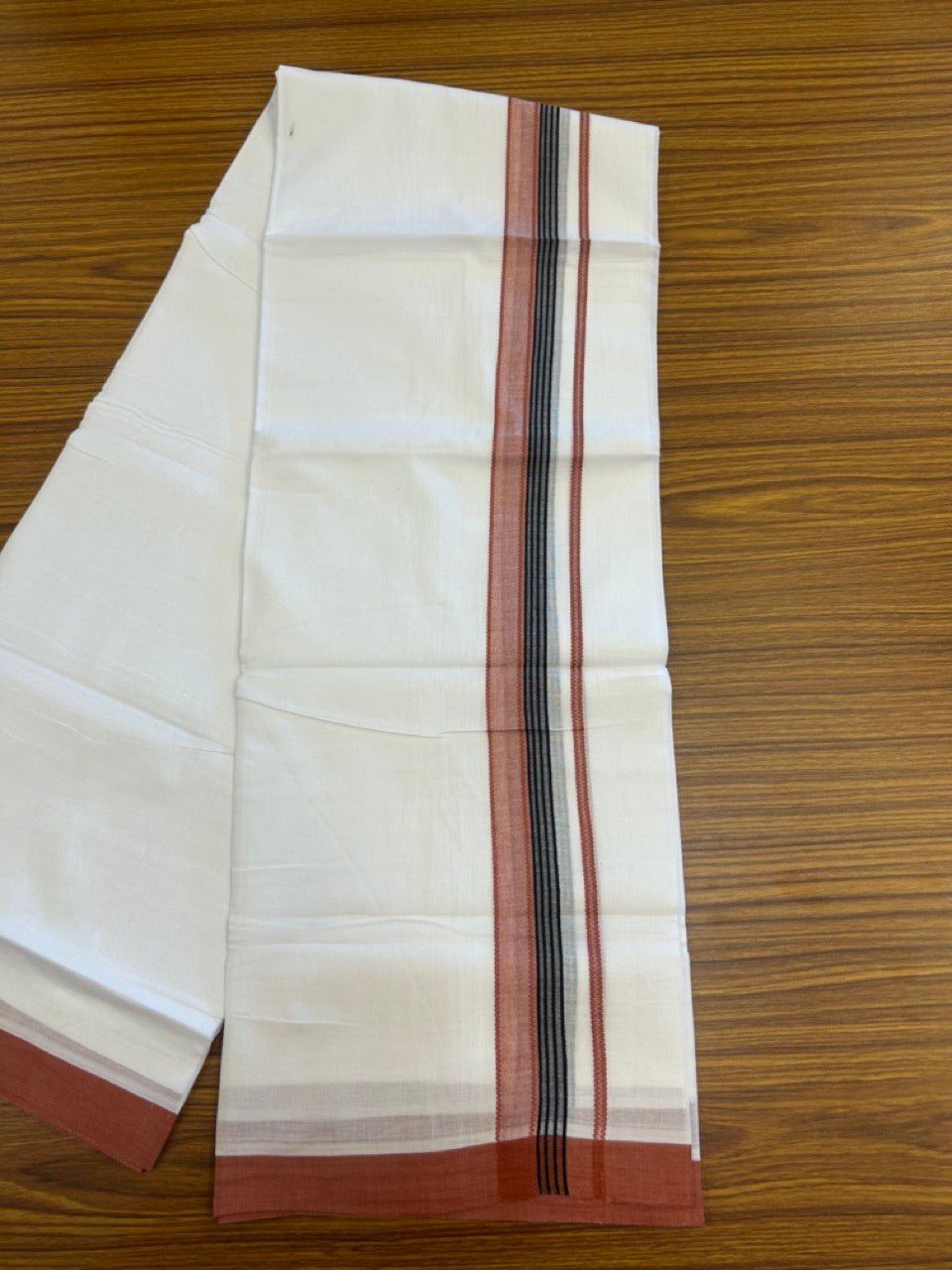 14% Discount ! Kaitharikada Balaramapuram 100% Cotton Pure White Double Mundu/Dothi - 72x72 - 1.25 inch Rust Brown & Black Striped Kara 3.65 mtr (8 muzham) - 5 KK5298 SKM
