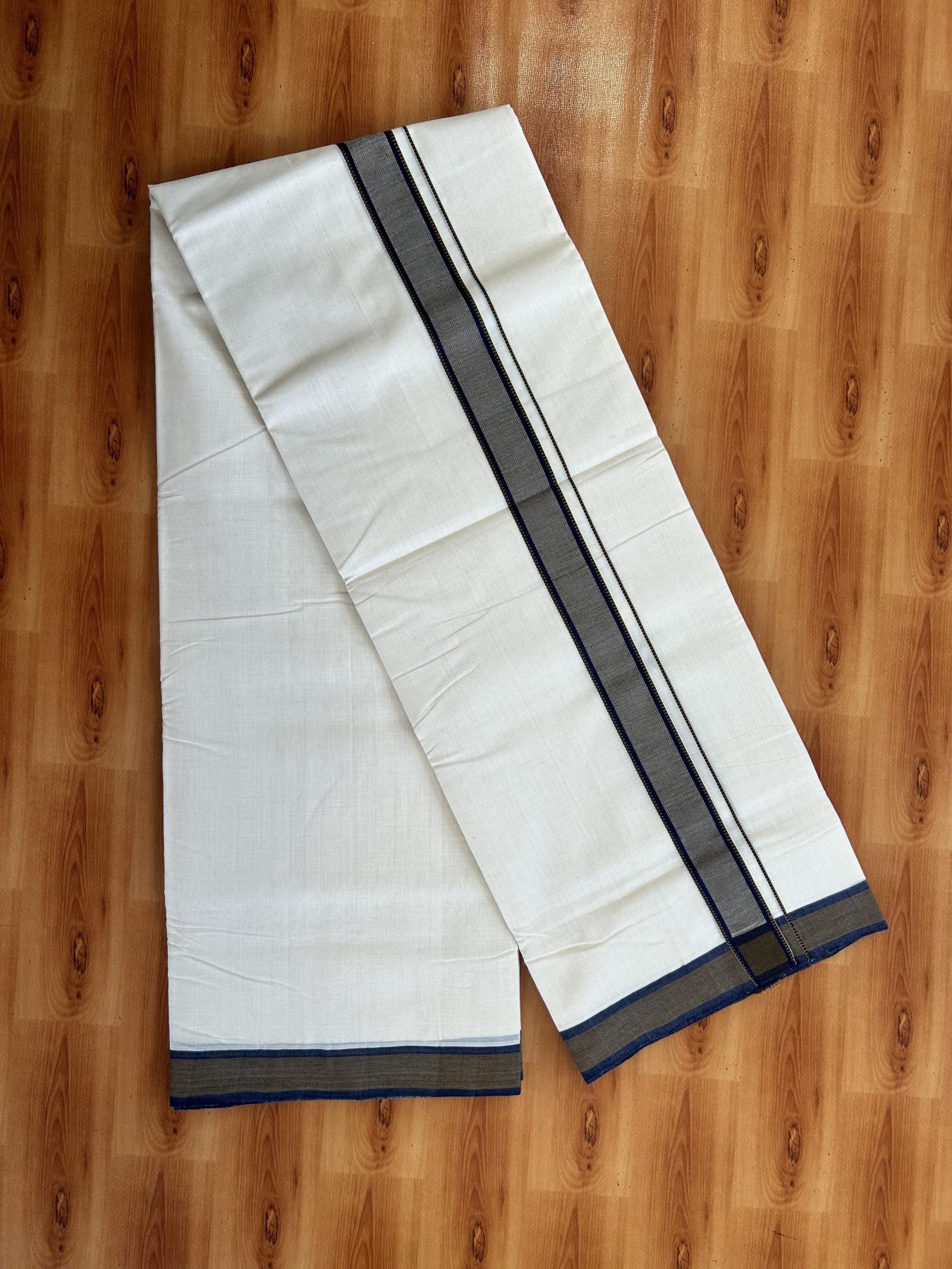 Double Off White (Unbleached) Mundu/Dhoti - 25% Discount!! KaithariKada Handloom Unakkupaav - Kerala Handloom - 100% Pure Cotton - 100x80 - 1.5 inch Navy Blue & Medium Brown Striped Designer Kara 3.80 meter (8 muzham) - 52 KK5436 REA