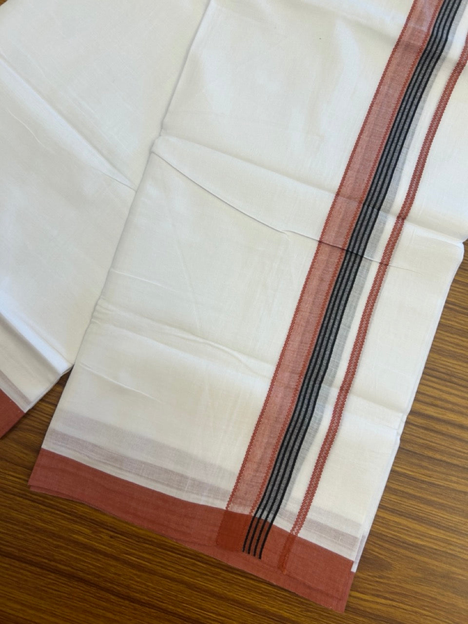 14% Discount ! Kaitharikada Balaramapuram 100% Cotton Pure White Double Mundu/Dothi - 72x72 - 1.25 inch Rust Brown & Black Striped Kara 3.65 mtr (8 muzham) - 5 KK5298 SKM