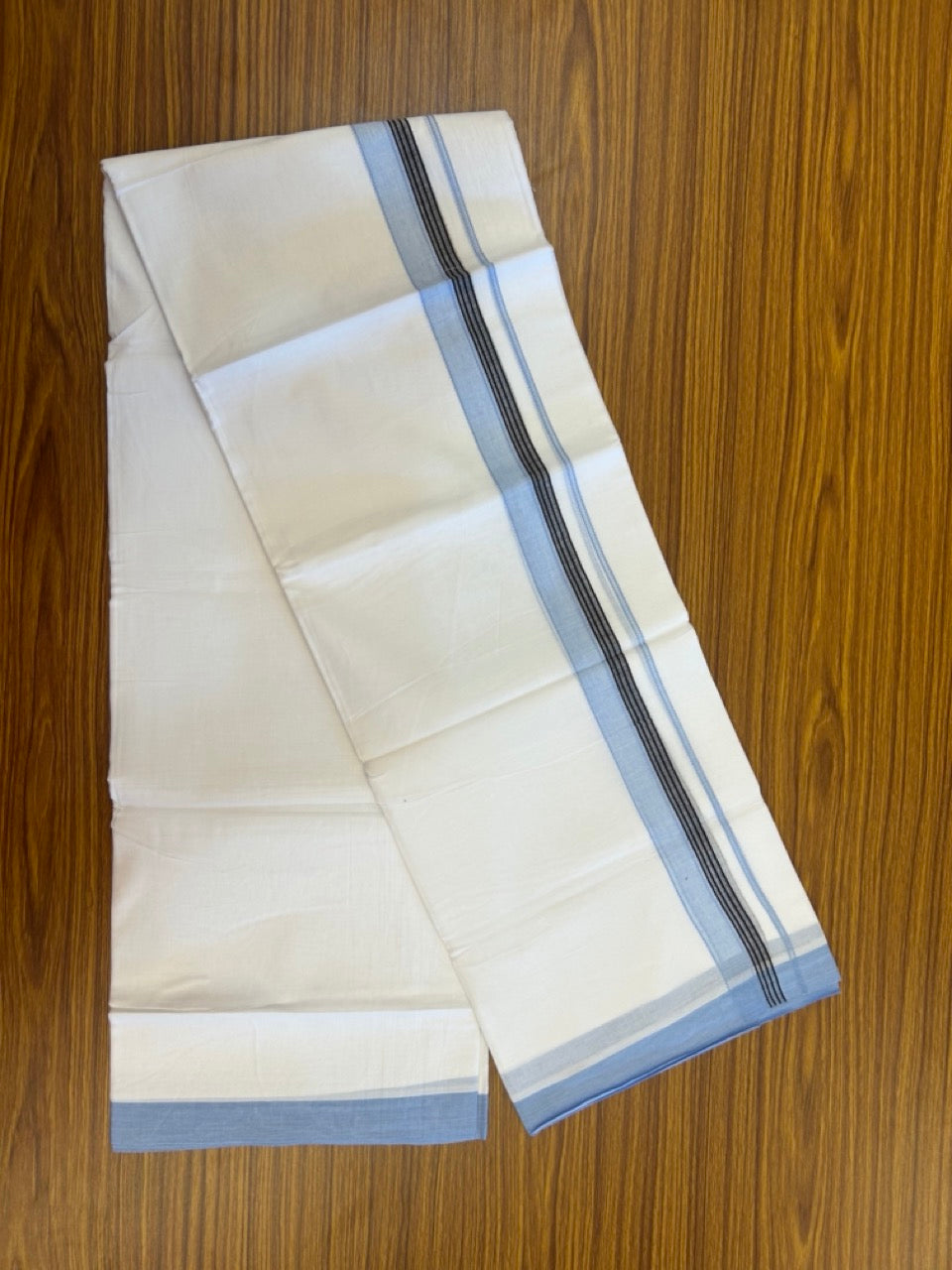 14% Discount ! Kaitharikada Balaramapuram 100% Cotton Pure White Double Mundu/Dothi - 72x72 - 1.25 inch Light Blue & Black Striped Kara 3.65 mtr (8 muzham) - 8 KK5298 SKM