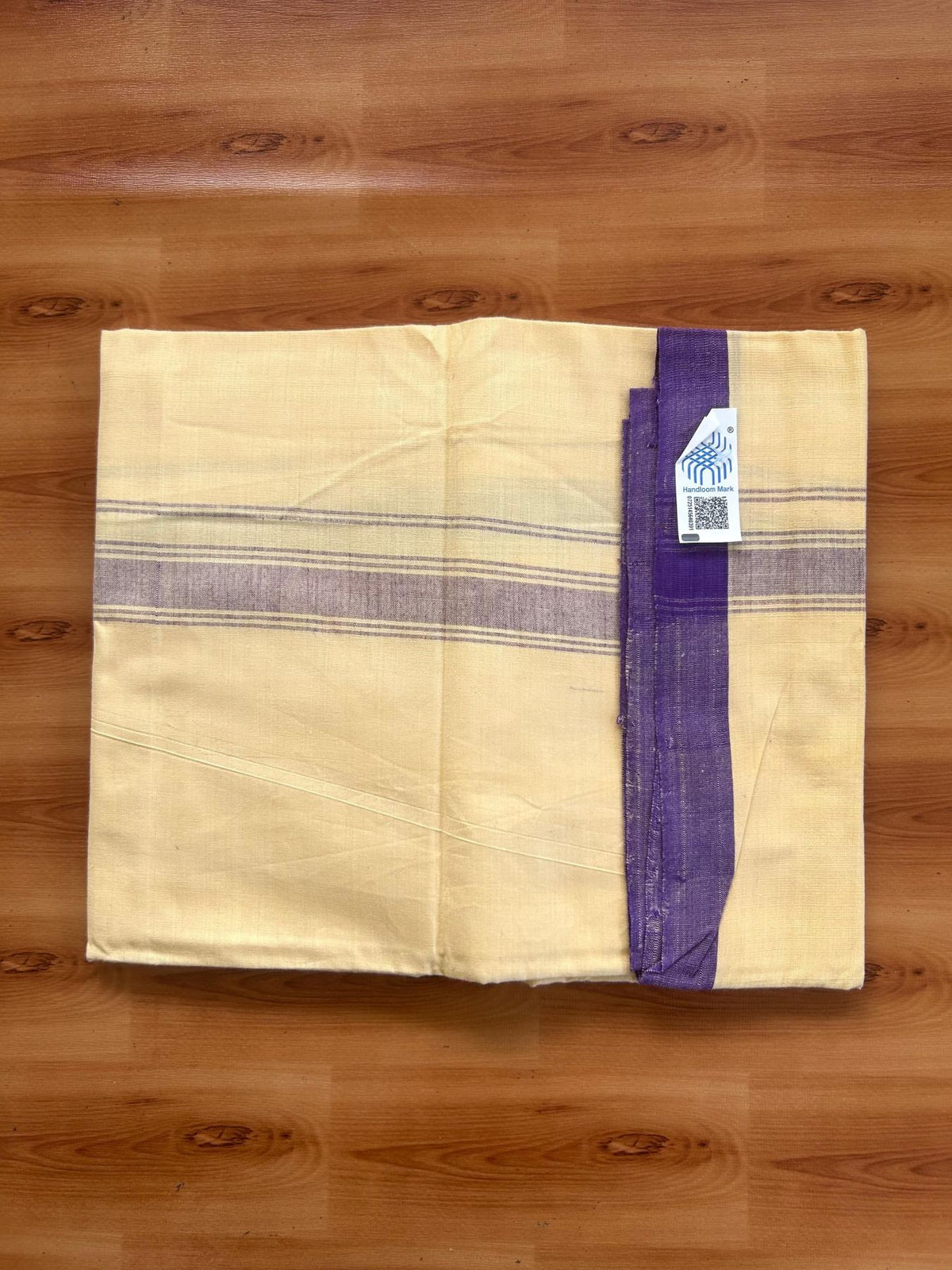 Kannur Kavi Dhoti - KaithariKada Kerala Handloom Single Mundu/Dhoti - 100% Pure Cotton 2/60x40s Thread - Kannur Yellow colour Body 1.25 inch Violet shaded striped Kara - 8 KK8078 KAL