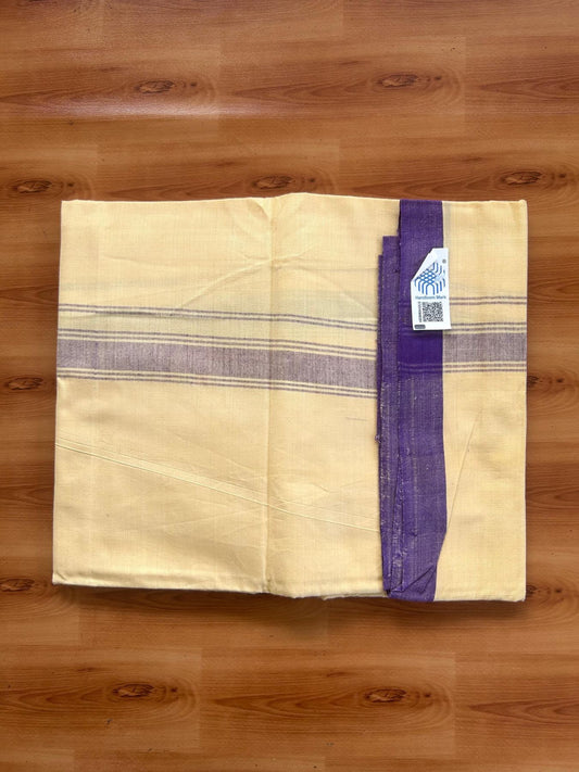 Kannur Kavi Dhoti - KaithariKada Kerala Handloom Single Mundu/Dhoti - 100% Pure Cotton 2/60x40s Thread - Kannur Yellow colour Body 1.25 inch Violet shaded striped Kara - 8 KK8078 KAL