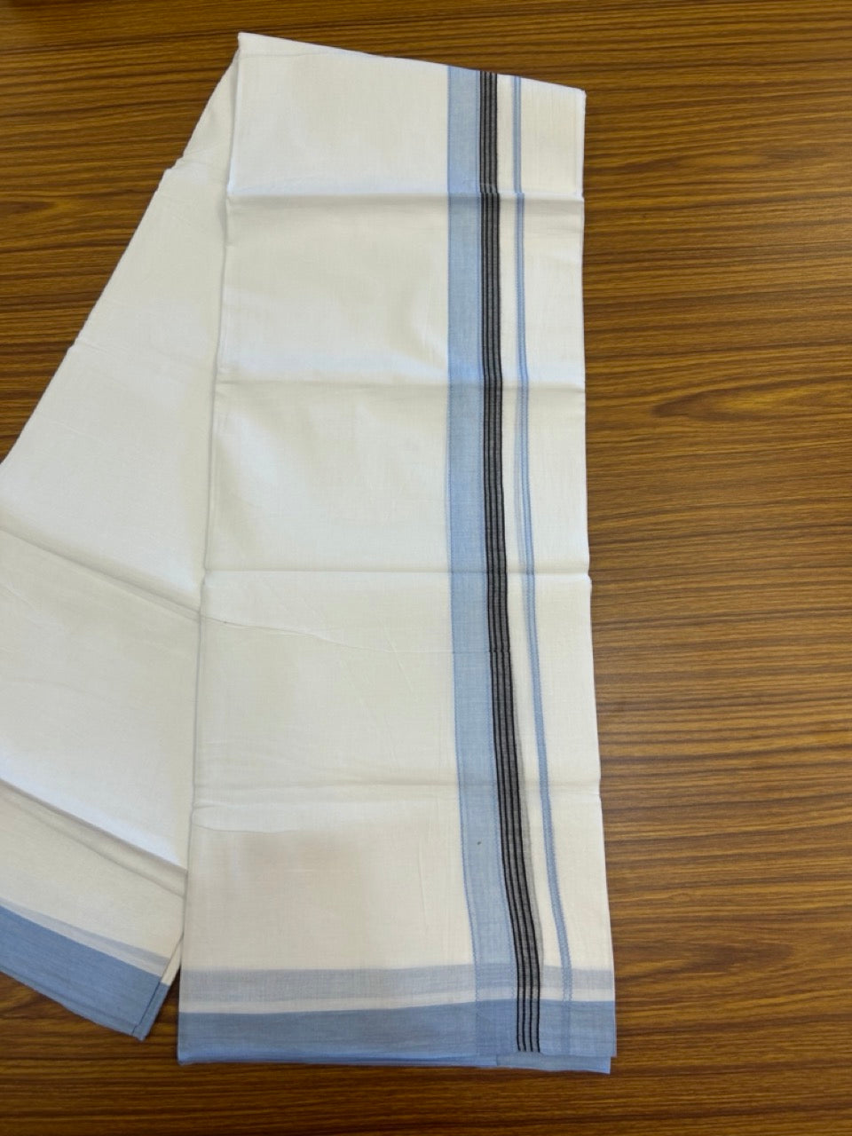 14% Discount ! Kaitharikada Balaramapuram 100% Cotton Pure White Double Mundu/Dothi - 72x72 - 1.25 inch Light Blue & Black Striped Kara 3.65 mtr (8 muzham) - 8 KK5298 SKM