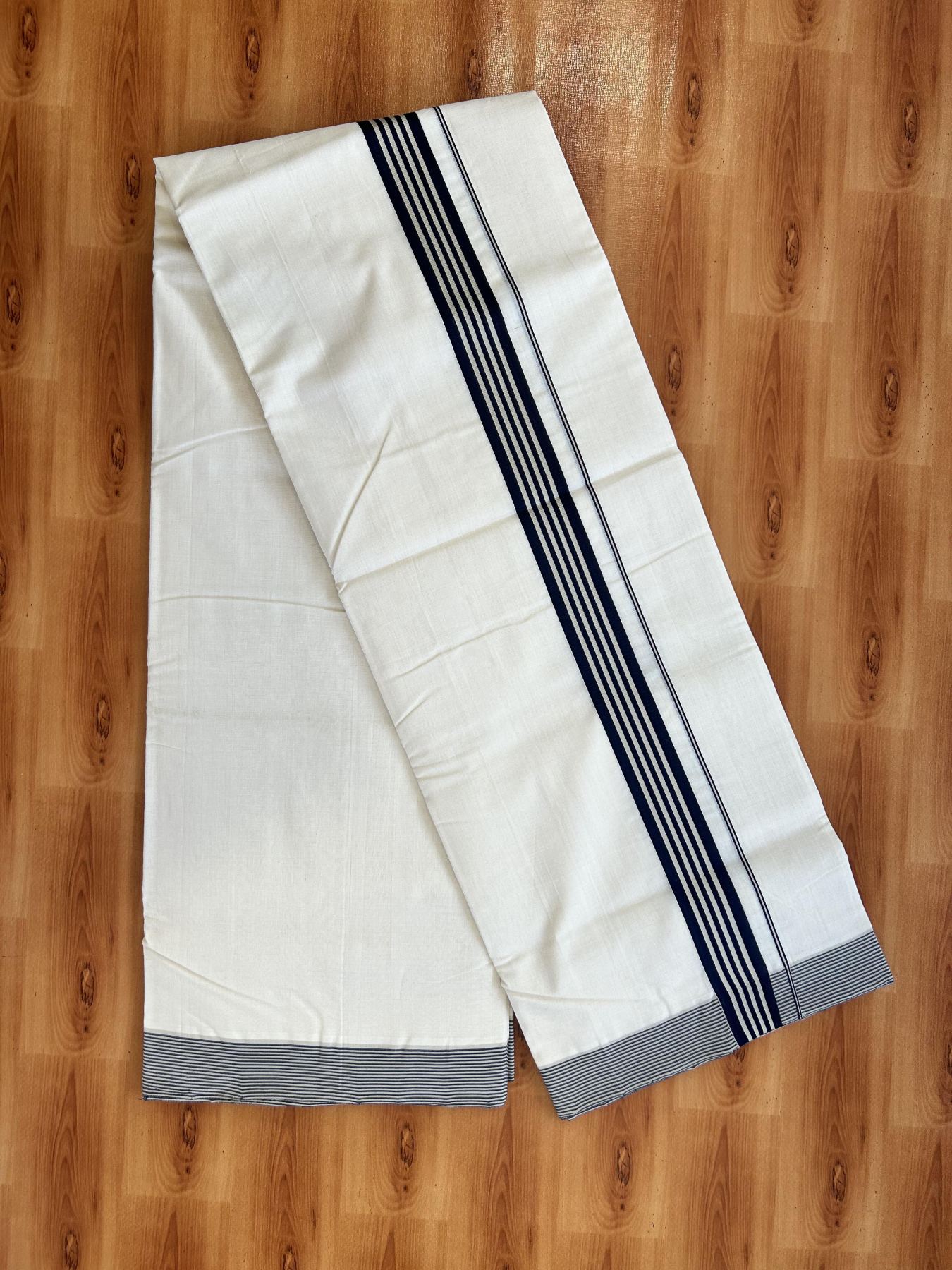 Double Off White (Unbleached) Mundu/Dhoti - 25% Discount!! KaithariKada Handloom Unakkupaav - Kerala Handloom - 100% Pure Cotton - 100x80 - 1.25 inch Navy Blue & Beige Striped Kara 3.80 meter (8 muzham) - 53 KK5436 REA