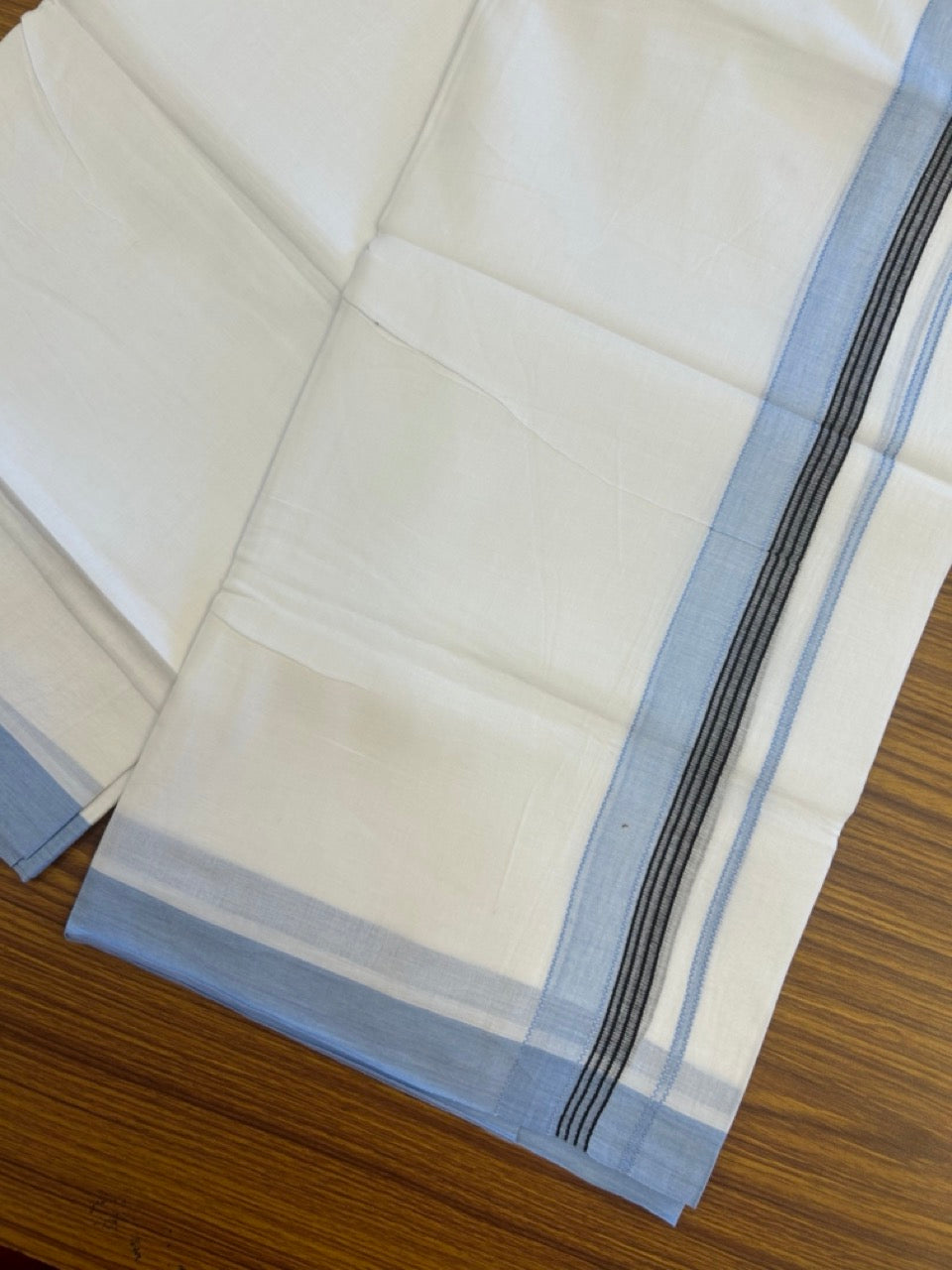 14% Discount ! Kaitharikada Balaramapuram 100% Cotton Pure White Double Mundu/Dothi - 72x72 - 1.25 inch Light Blue & Black Striped Kara 3.65 mtr (8 muzham) - 8 KK5298 SKM
