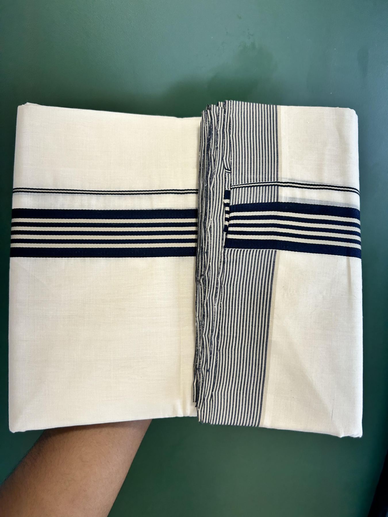 Double Off White (Unbleached) Mundu/Dhoti - 25% Discount!! KaithariKada Handloom Unakkupaav - Kerala Handloom - 100% Pure Cotton - 100x80 - 1.25 inch Navy Blue & Beige Striped Kara 3.80 meter (8 muzham) - 53 KK5436 REA