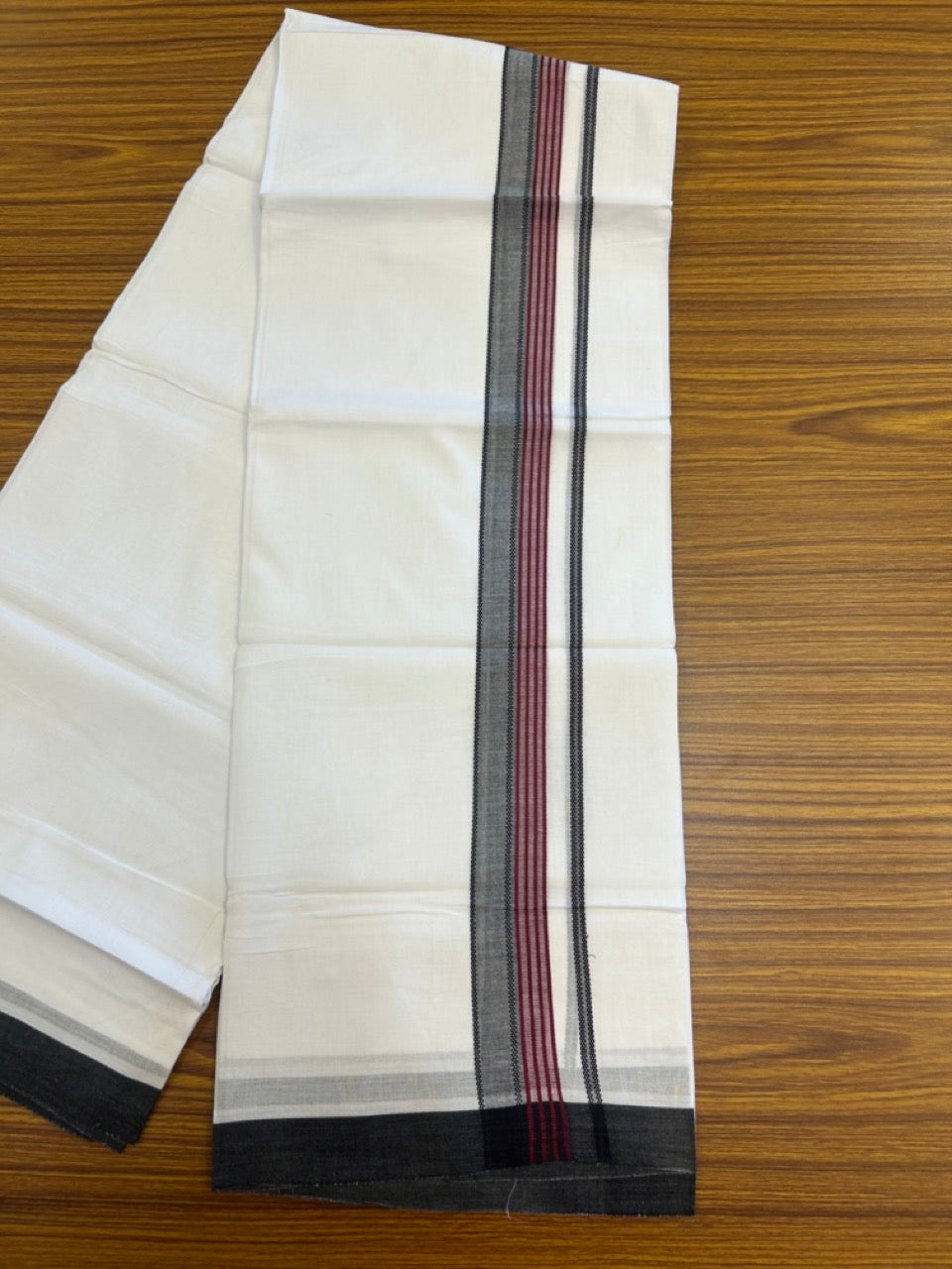 14% Discount ! Kaitharikada Balaramapuram 100% Cotton Pure White Double Mundu/Dothi - 72x72 - 1.5 inch Wine Purple & Black Striped Kara 3.65 mtr (8 muzham) - 13 KK5298 SKM