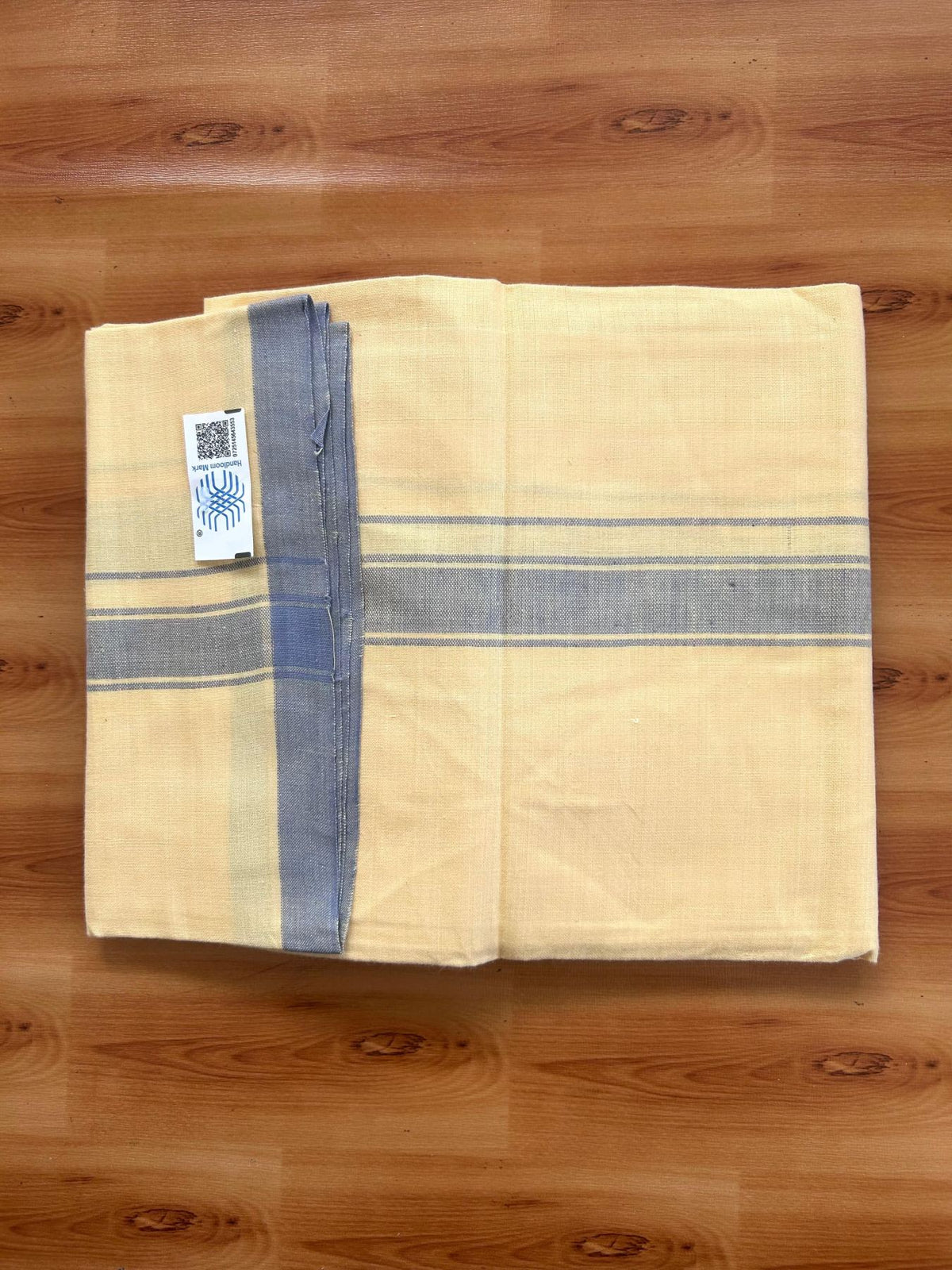 Kannur Kavi Dhoti - KaithariKada Kerala Handloom Single Mundu/Dhoti - 100% Pure Cotton 2/40x26s Thread - Kannur Yellow colour Body 1.25 inch Ash Blue shaded striped Kara - 1 KK8078 KAL