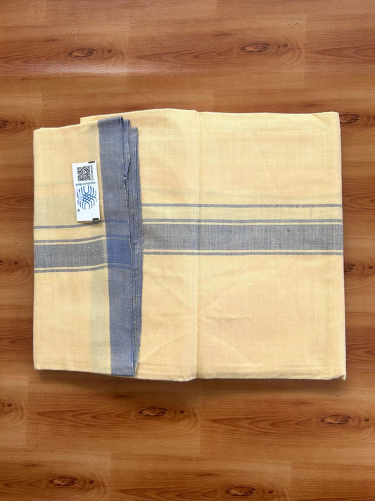 Kannur Kavi Dhoti - KaithariKada Kerala Handloom Single Mundu/Dhoti - 100% Pure Cotton 2/40x26s Thread - Kannur Yellow colour Body 1.25 inch Ash Blue shaded striped Kara - 1 KK8078 KAL