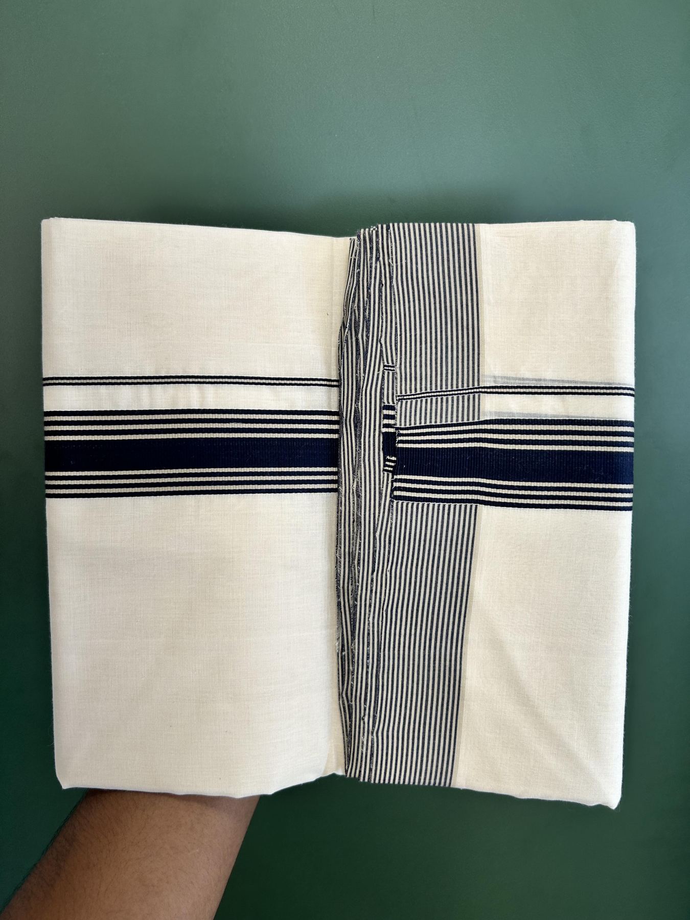 Double Off White (Unbleached) Mundu/Dhoti - 25% Discount!! KaithariKada Handloom Unakkupaav - Kerala Handloom - 100% Pure Cotton - 100x80 - 1.25 inch Navy Blue & Beige Striped Kara 3.80 meter (8 muzham) - 54 KK5436 REA