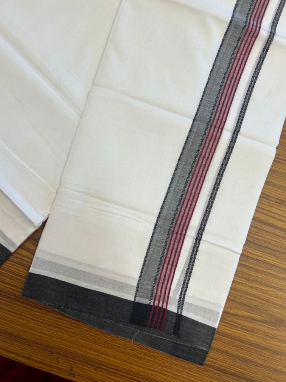 14% Discount ! Kaitharikada Balaramapuram 100% Cotton Pure White Double Mundu/Dothi - 72x72 - 1.5 inch Wine Purple & Black Striped Kara 3.65 mtr (8 muzham) - 13 KK5298 SKM