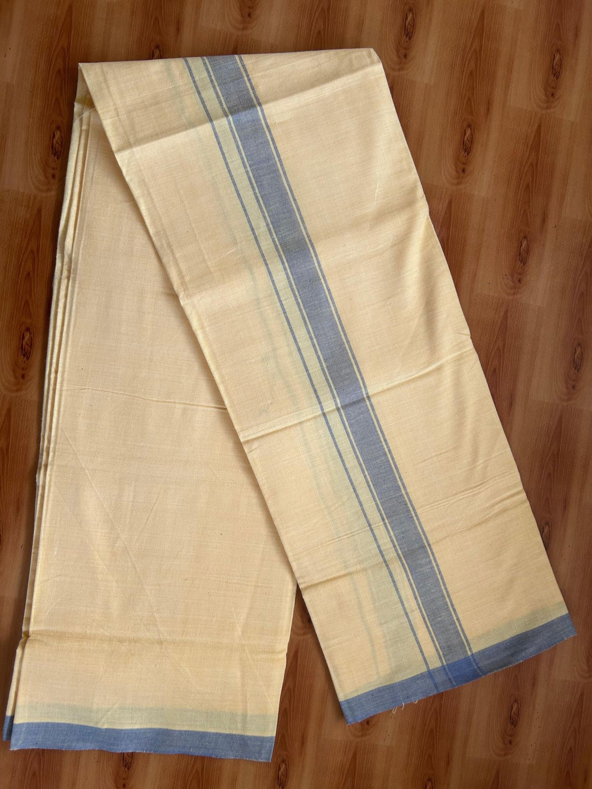 Kannur Kavi Dhoti - KaithariKada Kerala Handloom Single Mundu/Dhoti - 100% Pure Cotton 2/40x26s Thread - Kannur Yellow colour Body 1.25 inch Ash Blue shaded striped Kara - 1 KK8078 KAL