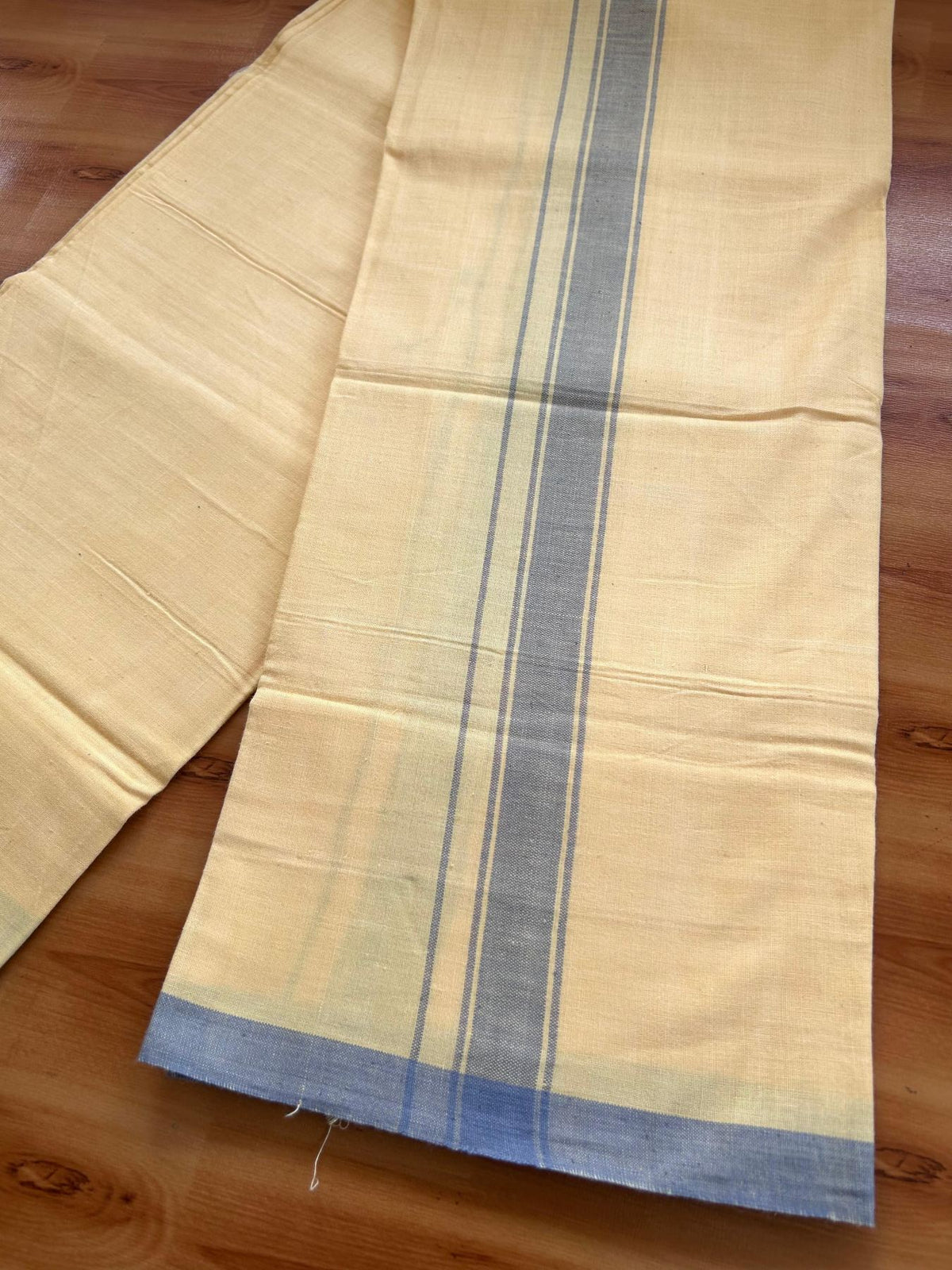 Kannur Kavi Dhoti - KaithariKada Kerala Handloom Single Mundu/Dhoti - 100% Pure Cotton 2/40x26s Thread - Kannur Yellow colour Body 1.25 inch Ash Blue shaded striped Kara - 1 KK8078 KAL