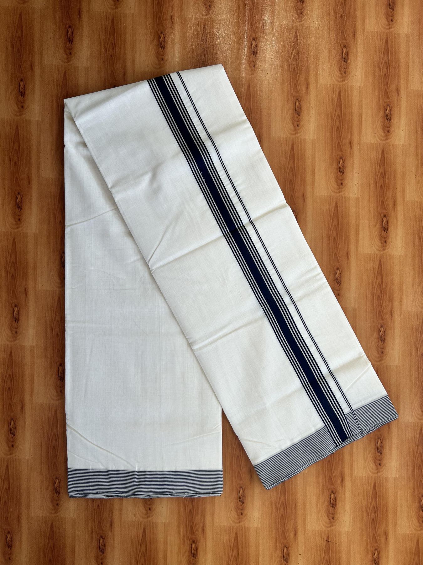 Double Off White (Unbleached) Mundu/Dhoti - 25% Discount!! KaithariKada Handloom Unakkupaav - Kerala Handloom - 100% Pure Cotton - 100x80 - 1.25 inch Navy Blue & Beige Striped Kara 3.80 meter (8 muzham) - 54 KK5436 REA