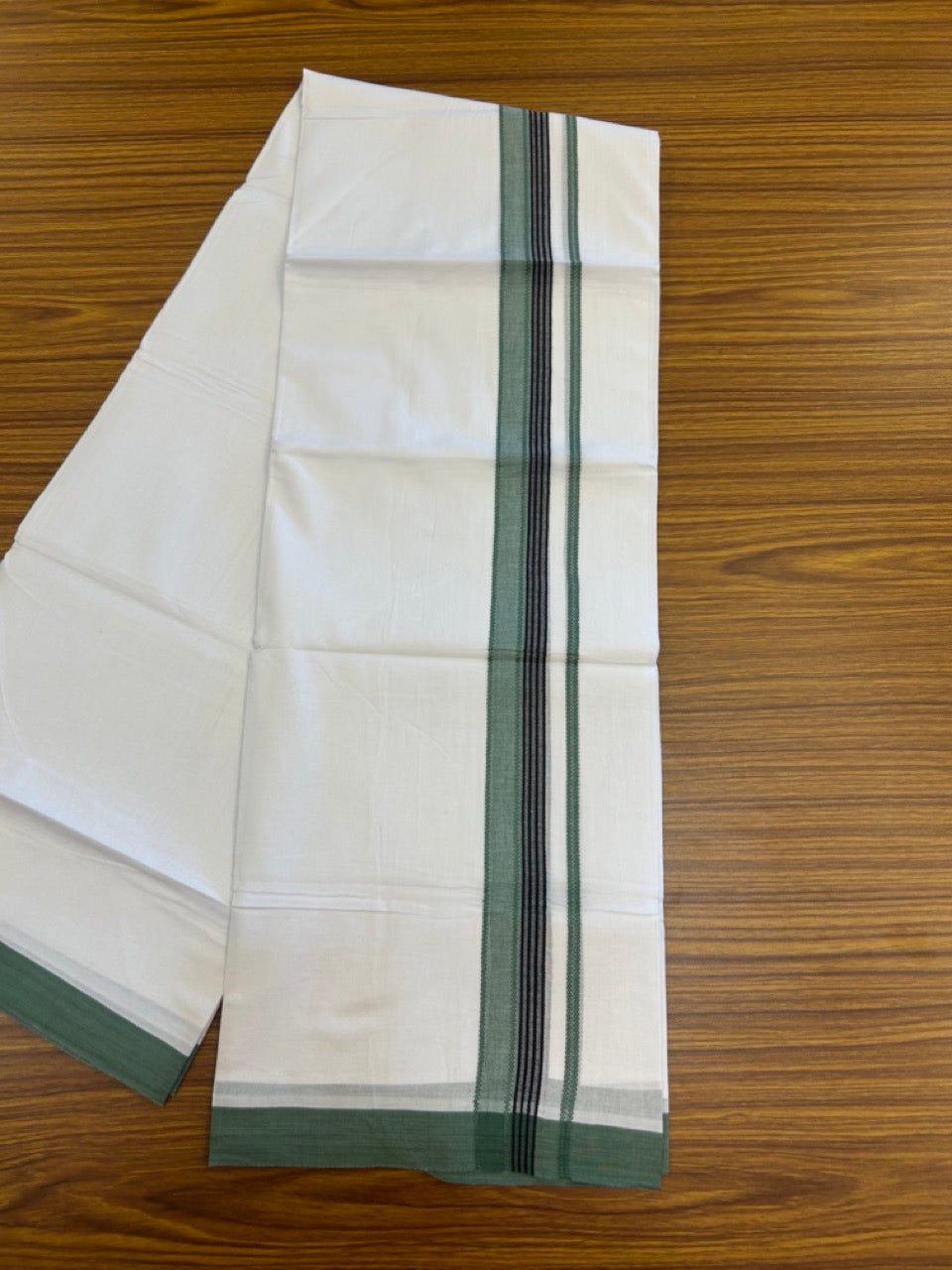 14% Discount ! Kaitharikada Balaramapuram 100% Cotton Pure White Double Mundu/Dothi - 72x72 - 1.25 inch Sea Green & Black Striped Kara 3.65 mtr (8 muzham) - 12 KK5298 SKM