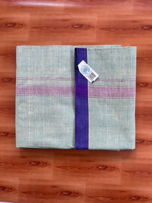 Kerala Handloom - Signature Kaitharikada - 100% Pure Cotton 2/60x40s Thread - Single Mundu / Dhoti - 1.25 inch Violet Shaded Striped Kara with Light Yellow & Green colour Body (2 meter / 4 muzham) - 3 KK8080 KAL