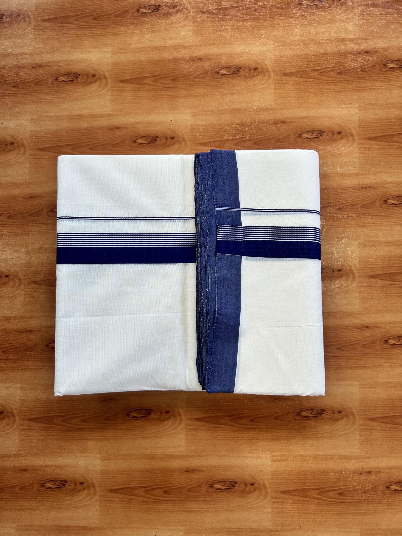 Double Off White (Unbleached) Mundu/Dhoti - 25% Discount!! KaithariKada Handloom Unakkupaav - Kerala Handloom - 100% Pure Cotton - 100x80 - 1 inch Navy Blue Striped Kara 3.80 meter (8 muzham) - 55 KK5436 REA