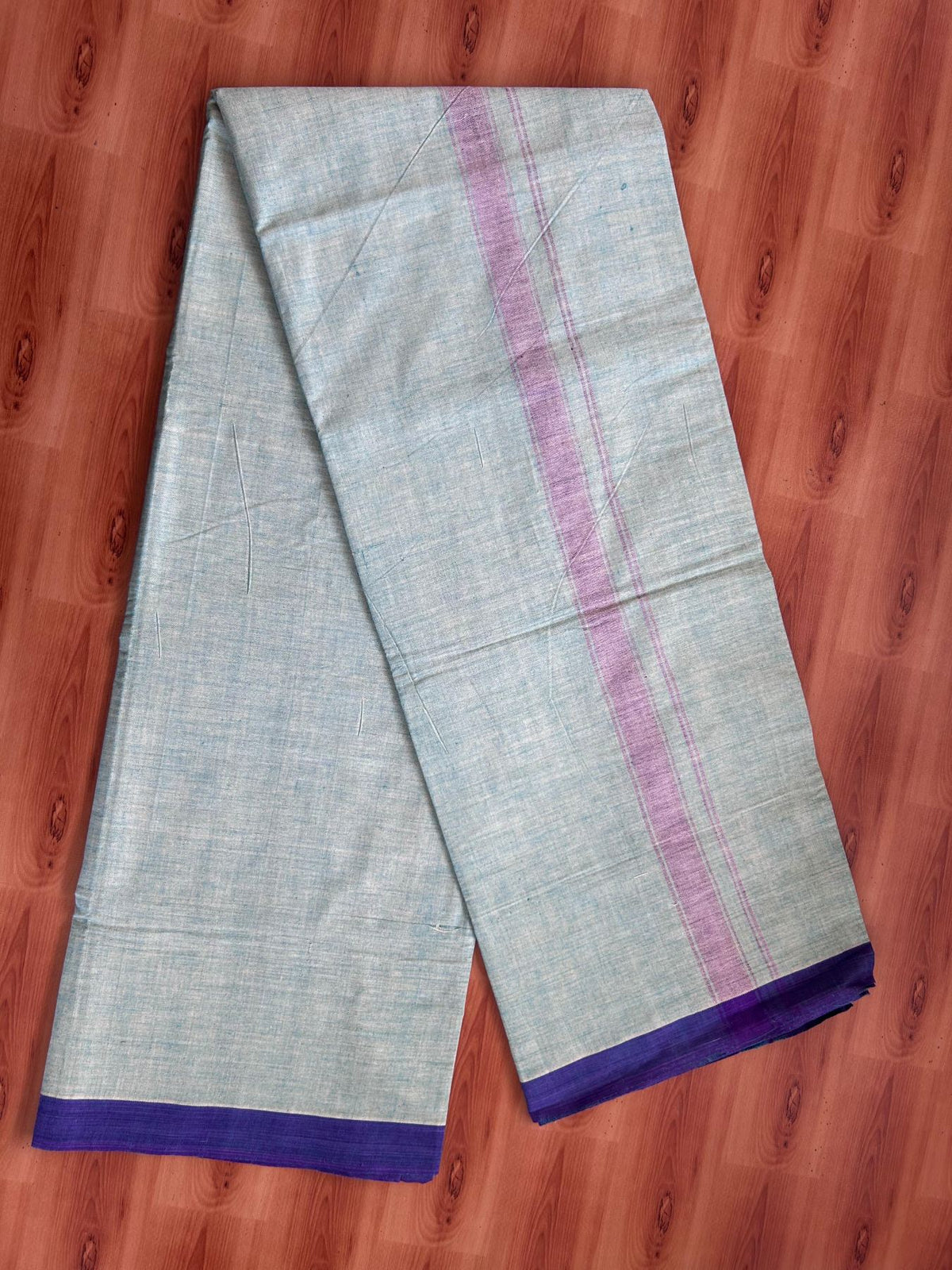 Kerala Handloom - Signature Kaitharikada - 100% Pure Cotton 2/60x40s Thread - Single Mundu / Dhoti - 1.25 inch Violet Shaded Striped Kara with Light Yellow & Green colour Body (2 meter / 4 muzham) - 3 KK8080 KAL