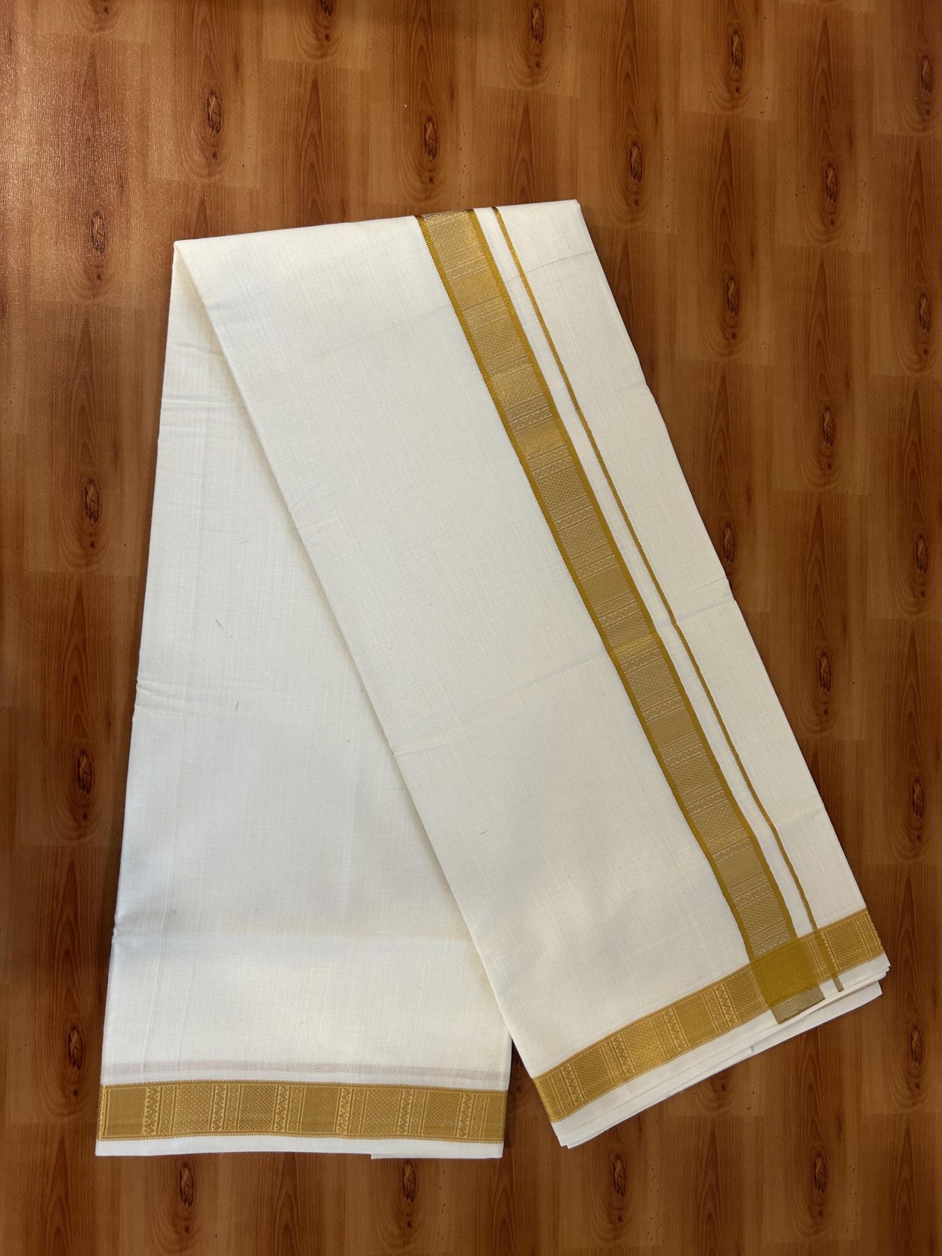 Double Off White - (Unbleached) Mundu/Dhoti - 20% Discount!! Kaitharikada Balaramapuram Pure Cotton - 100s - 1.25 inch Gold Kasav Jacquard Design Kara 4 mtr (8.5 muzham) - 14 KK5395 GAN
