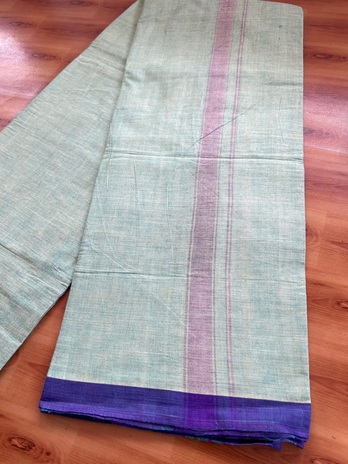 Kerala Handloom - Signature Kaitharikada - 100% Pure Cotton 2/60x40s Thread - Single Mundu / Dhoti - 1.25 inch Violet Shaded Striped Kara with Light Yellow & Green colour Body (2 meter / 4 muzham) - 3 KK8080 KAL