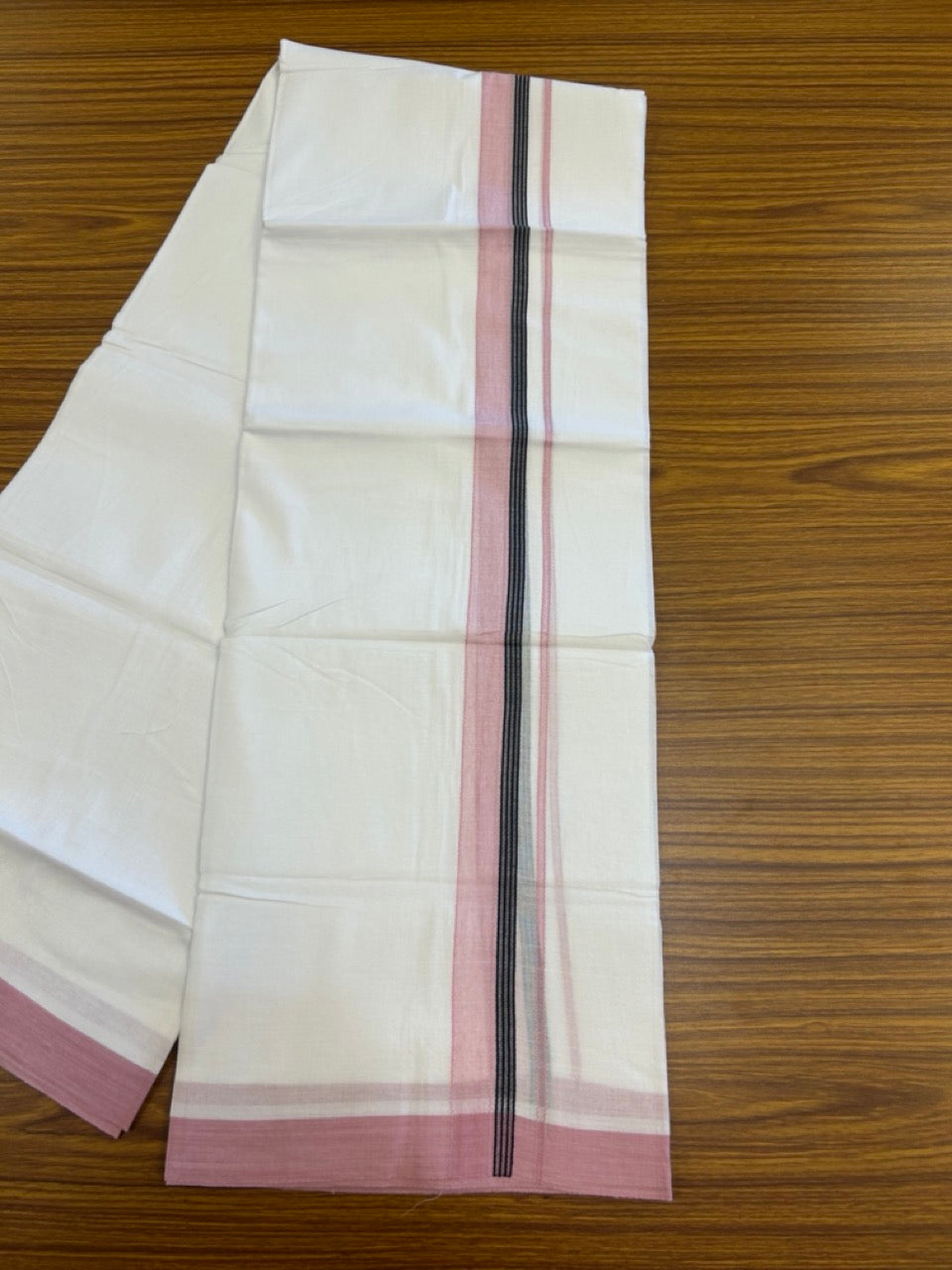 14% Discount ! Kaitharikada Balaramapuram 100% Cotton Pure White Double Mundu/Dothi - 72x72 - 1.25 inch Light Pink & Black Striped Kara 3.65 mtr (8 muzham) - 6 KK5298 SKM