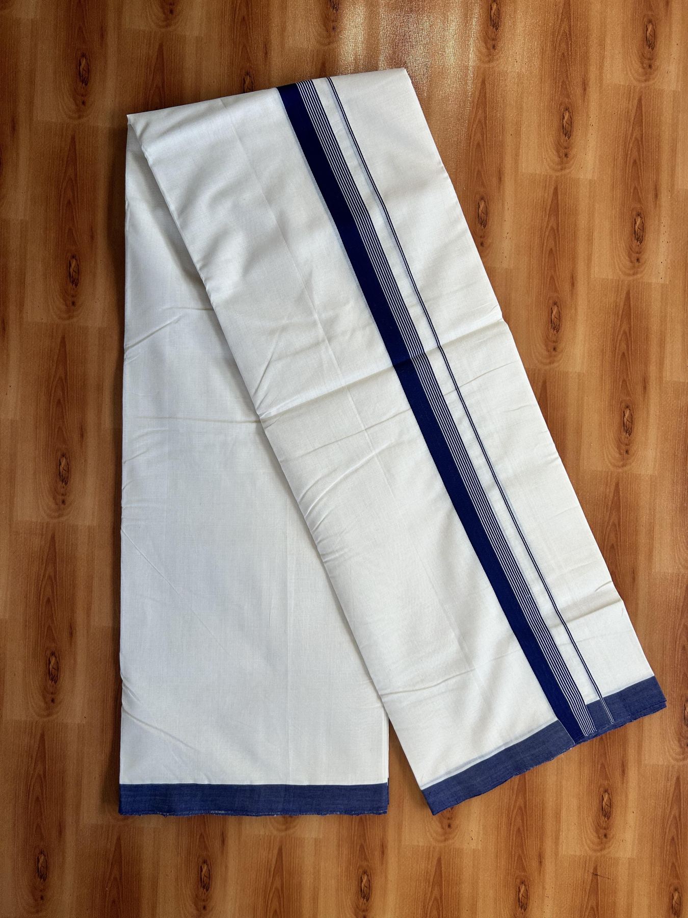 Double Off White (Unbleached) Mundu/Dhoti - 25% Discount!! KaithariKada Handloom Unakkupaav - Kerala Handloom - 100% Pure Cotton - 100x80 - 1 inch Navy Blue Striped Kara 3.80 meter (8 muzham) - 55 KK5436 REA