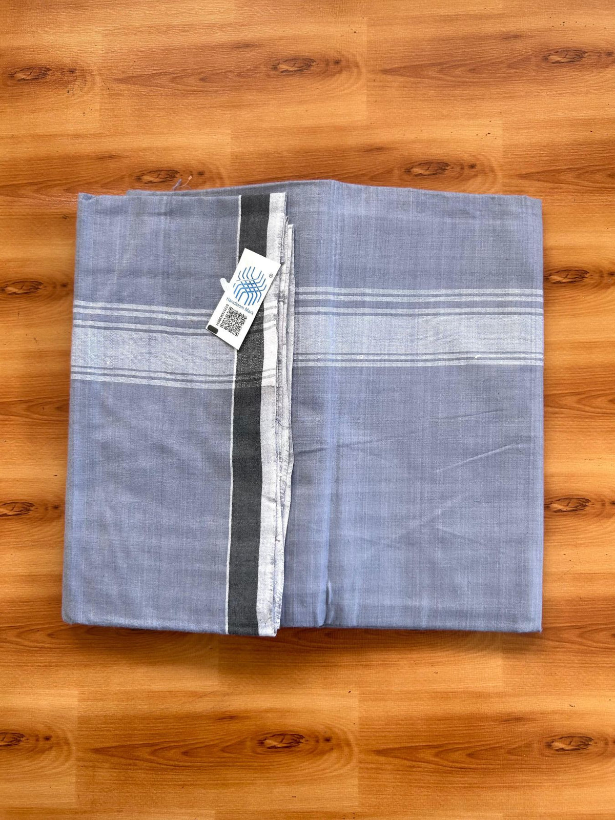 Kerala Handloom - Signature Kaitharikada - 100% Pure Cotton 2/60x40s Thread - Single Mundu / Dhoti - 1.25 inch White Shaded Striped Kara with Dusty Blue colour Body (2 meter / 4 muzham) - 4 KK8080 KAL