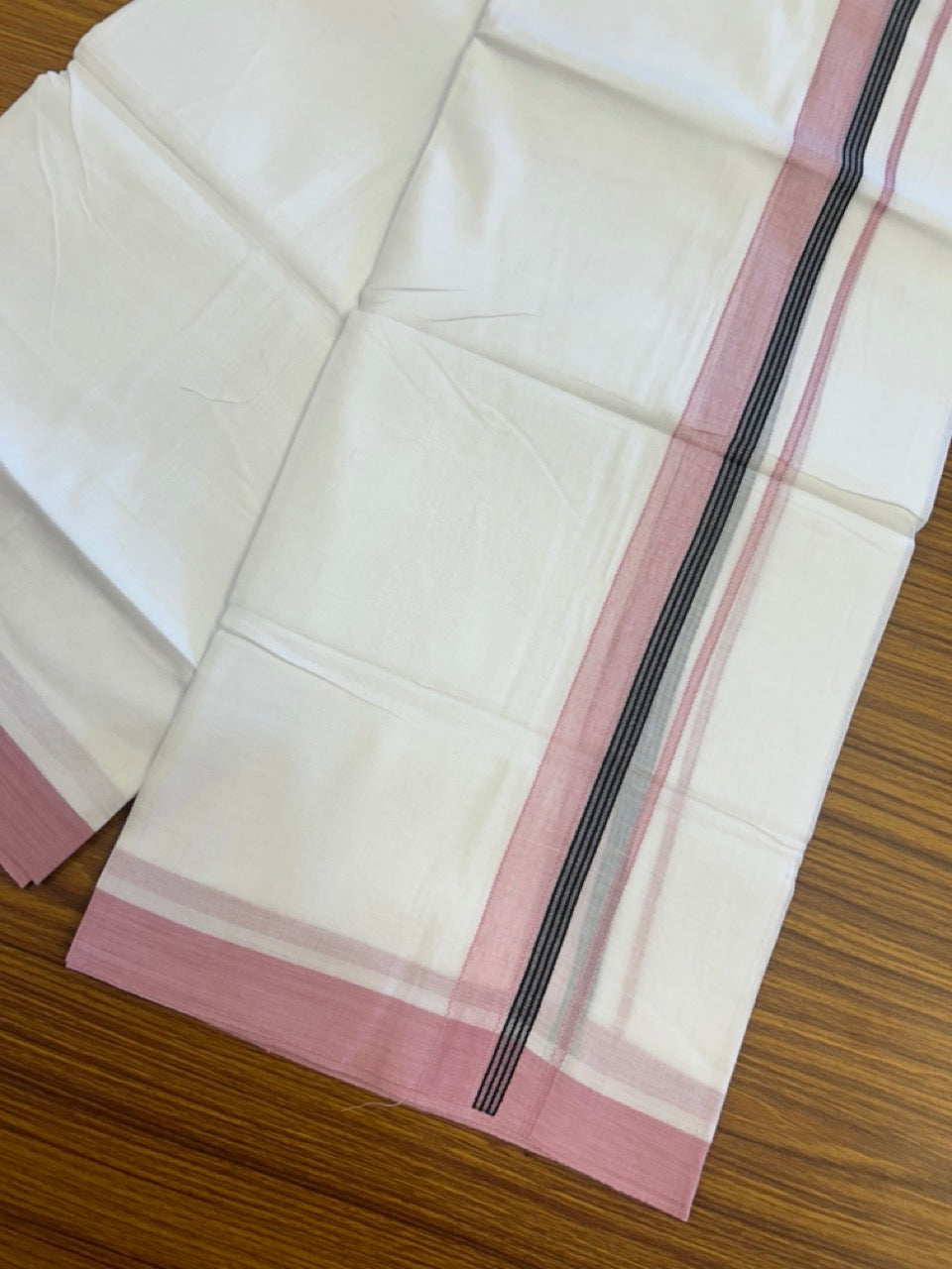 14% Discount ! Kaitharikada Balaramapuram 100% Cotton Pure White Double Mundu/Dothi - 72x72 - 1.25 inch Light Pink & Black Striped Kara 3.65 mtr (8 muzham) - 6 KK5298 SKM
