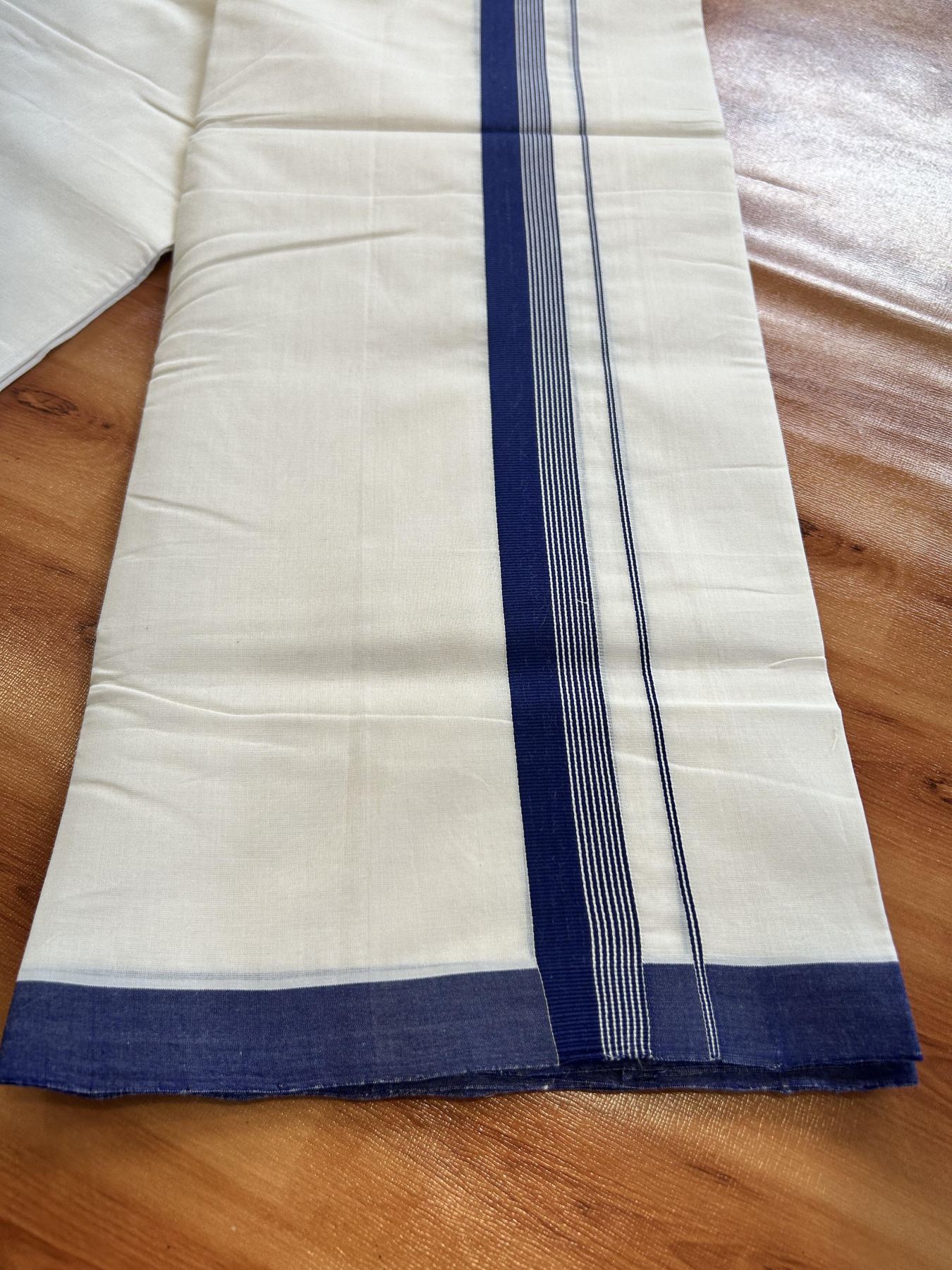 Double Off White (Unbleached) Mundu/Dhoti - 25% Discount!! KaithariKada Handloom Unakkupaav - Kerala Handloom - 100% Pure Cotton - 100x80 - 1 inch Navy Blue Striped Kara 3.80 meter (8 muzham) - 55 KK5436 REA