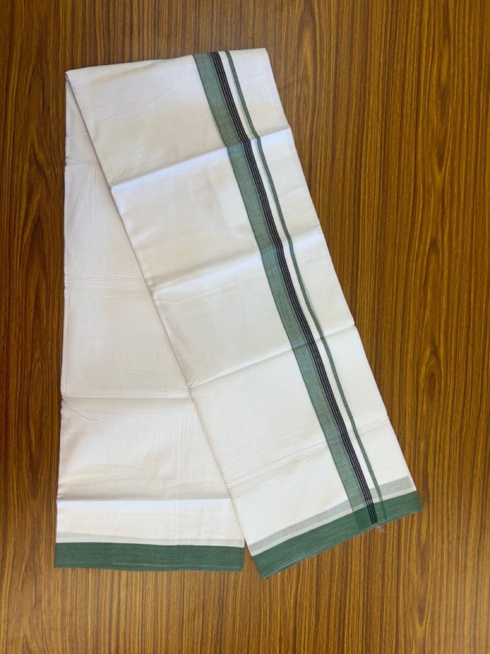 14% Discount ! Kaitharikada Balaramapuram 100% Cotton Pure White Double Mundu/Dothi - 72x72 - 1.25 inch Sea Green & Black Striped Kara 3.65 mtr (8 muzham) - 10 KK5298 SKM
