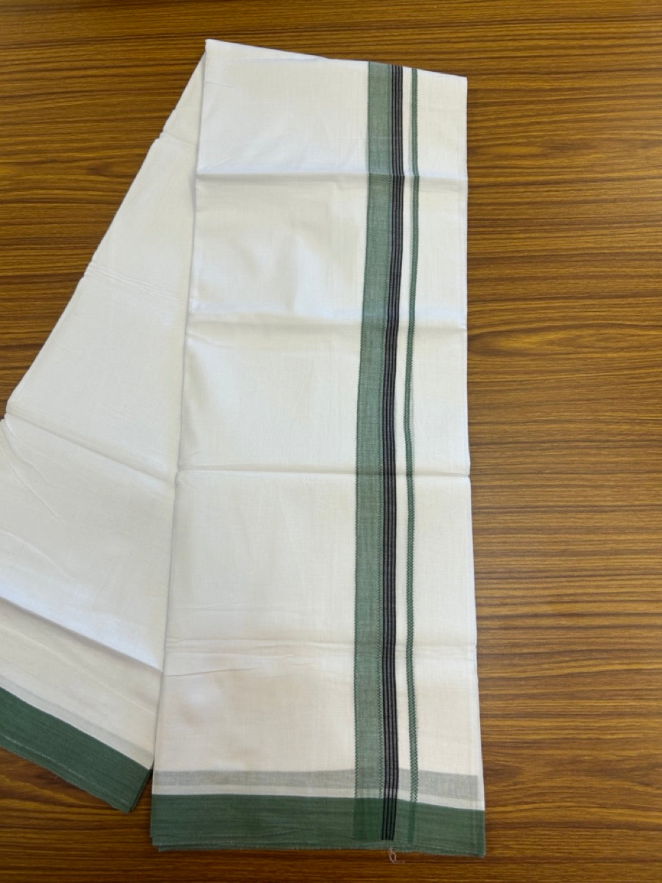 14% Discount ! Kaitharikada Balaramapuram 100% Cotton Pure White Double Mundu/Dothi - 72x72 - 1.25 inch Sea Green & Black Striped Kara 3.65 mtr (8 muzham) - 10 KK5298 SKM