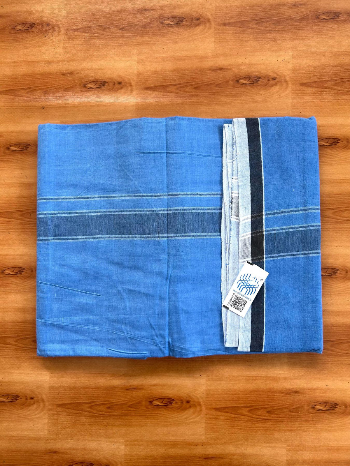 Kerala Handloom - Signature Kaitharikada - 100% Pure Cotton 2/60x40s Thread - Single Mundu / Dhoti - 1.25 inch Black & White Shaded Striped Kara with Denim Blue colour Body (2 meter / 4 muzham) - 5 KK8080 KAL