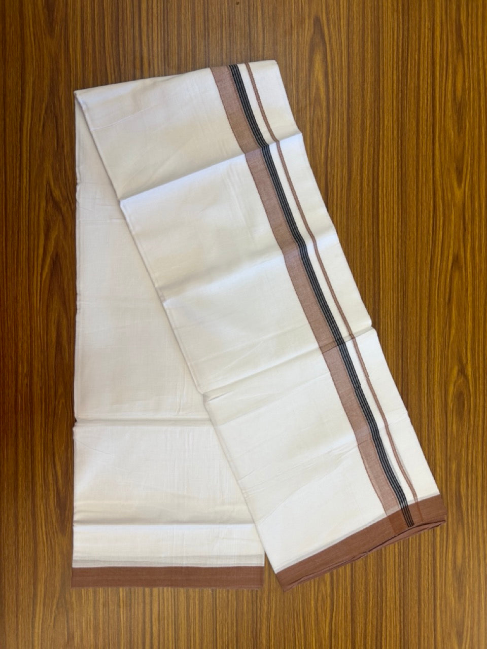 14% Discount ! Kaitharikada Balaramapuram 100% Cotton Pure White Double Mundu/Dothi - 72x72 - 1.25 inch Brown & Black Striped Kara 3.65 mtr (8 muzham) - 7 KK5298 SKM