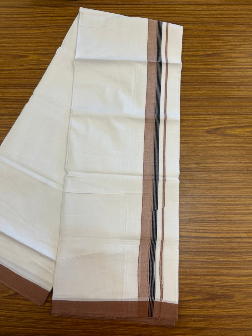 14% Discount ! Kaitharikada Balaramapuram 100% Cotton Pure White Double Mundu/Dothi - 72x72 - 1.25 inch Brown & Black Striped Kara 3.65 mtr (8 muzham) - 7 KK5298 SKM