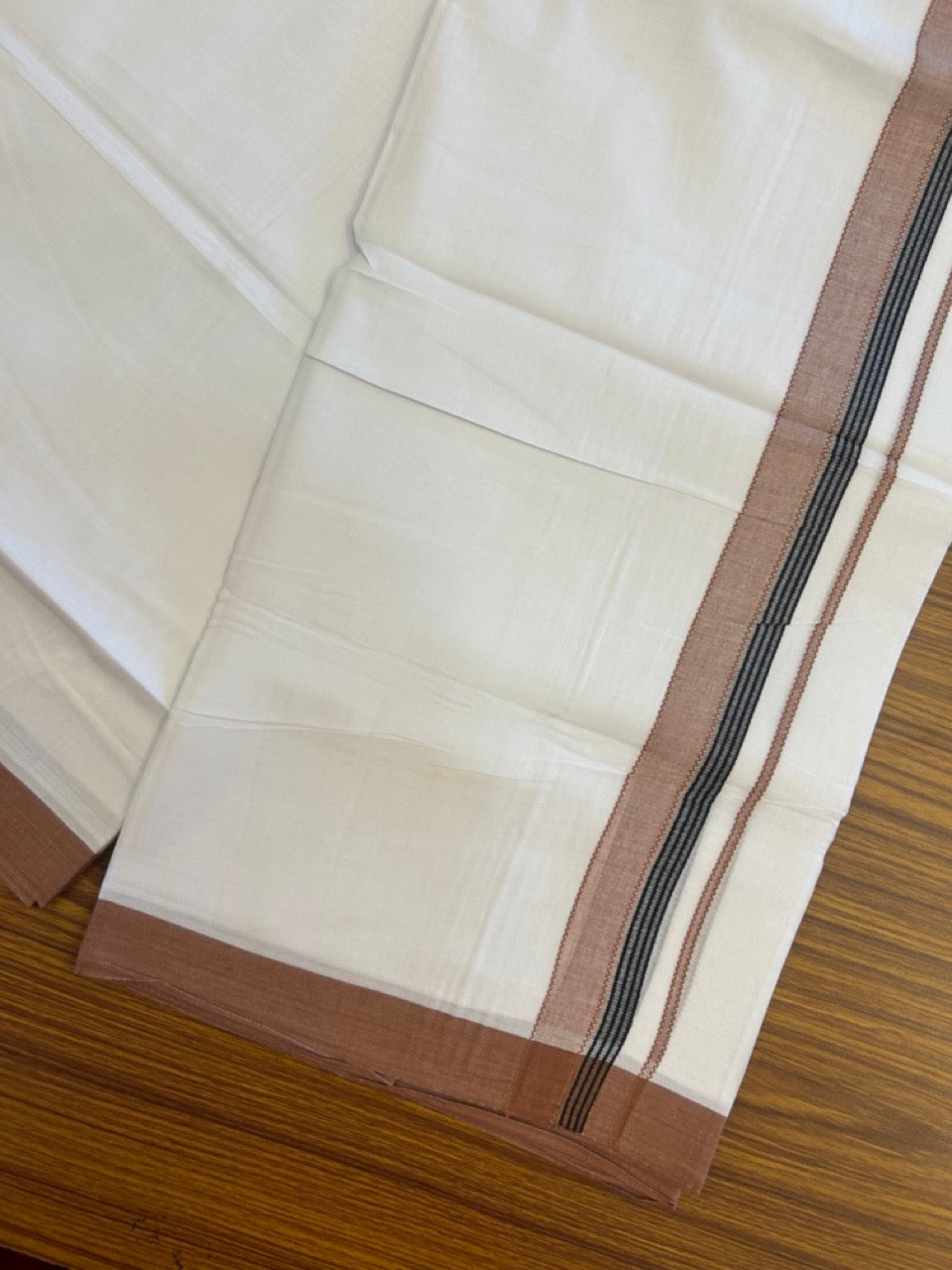 14% Discount ! Kaitharikada Balaramapuram 100% Cotton Pure White Double Mundu/Dothi - 72x72 - 1.25 inch Brown & Black Striped Kara 3.65 mtr (8 muzham) - 7 KK5298 SKM