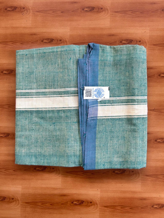 Kerala Handloom - Signature Kaitharikada - 100% Pure Cotton 2/60x40s Thread - Single Mundu / Dhoti - 1.25 inch Light Yellow Shaded Striped Kara with Green & Light Yellow colour Body (2 meter / 4 muzham) - 6 KK8080 KAL