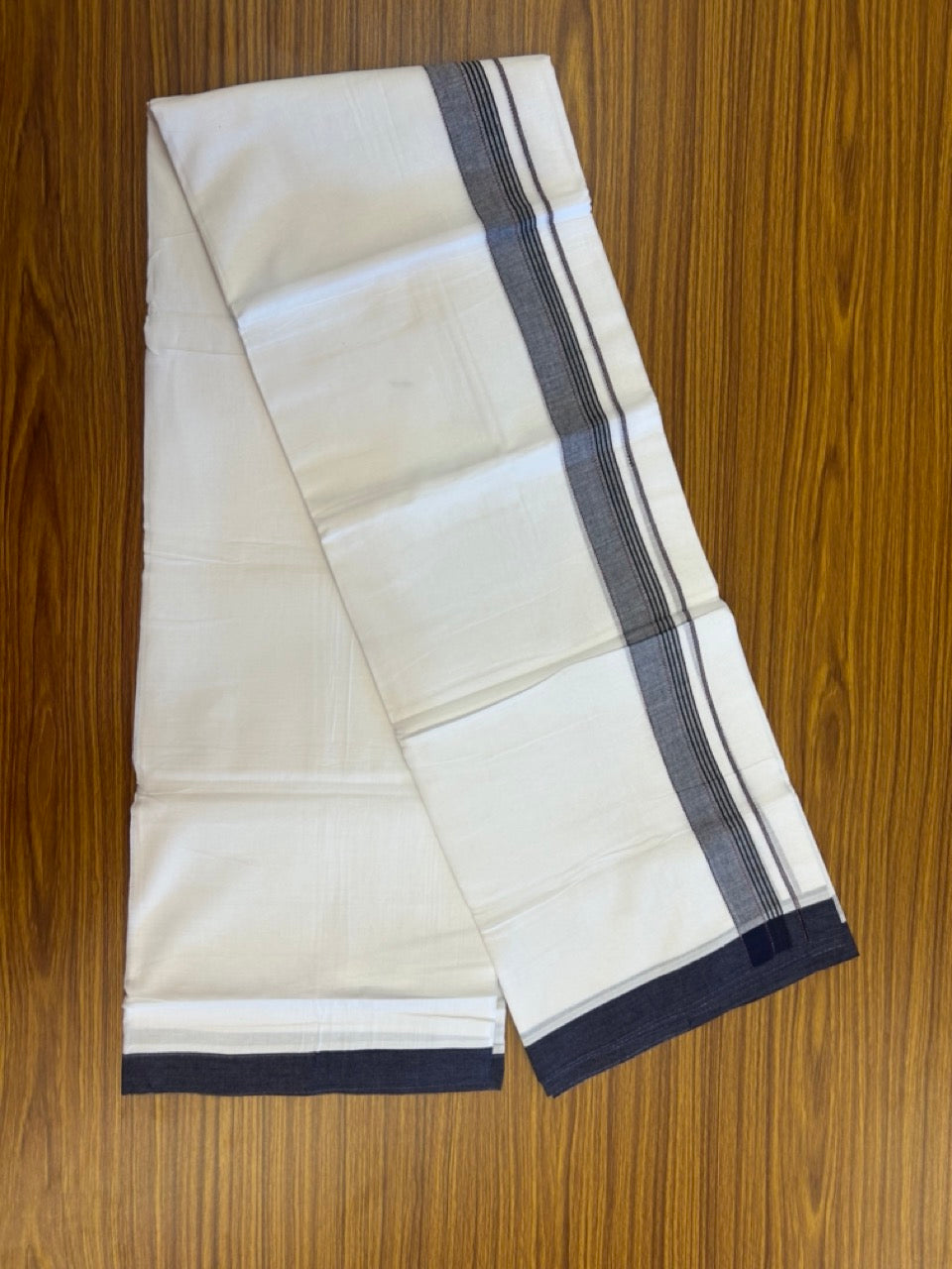 14% Discount ! Kaitharikada Balaramapuram 100% Cotton Pure White Double Mundu/Dothi - 72x72 - 1.25 inch Peach & Black Striped Kara 3.65 mtr (8 muzham) - 3 KK5298 SKM