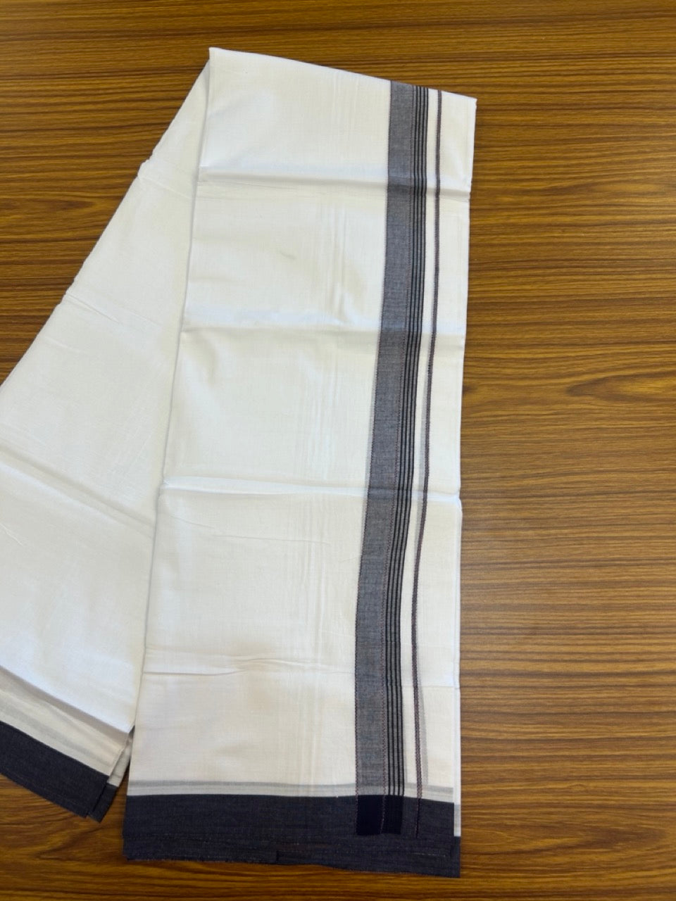 14% Discount ! Kaitharikada Balaramapuram 100% Cotton Pure White Double Mundu/Dothi - 72x72 - 1.25 inch Peach & Black Striped Kara 3.65 mtr (8 muzham) - 3 KK5298 SKM