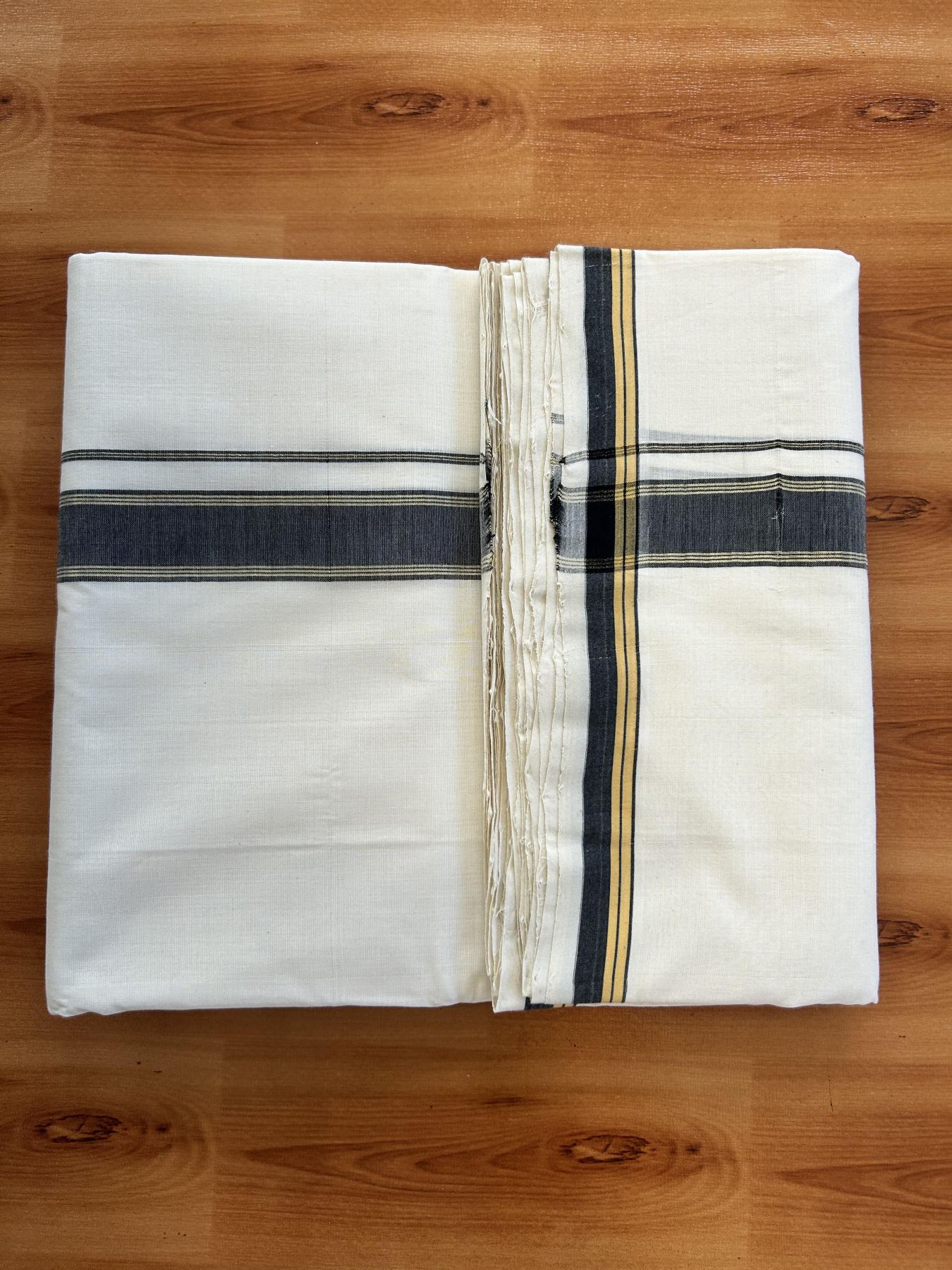 Double Off White (Unbleached) Mundu/Dhoti- 25% Discount! KaithariKada Handloom Unakkupaav - 100% Pure Cotton - 100x80 - 1 inch Ash Black Shaded Gold Kasav Pure Jerry Striped Kara 3.80 meter (8 muzham) - 56 KK5436 REA