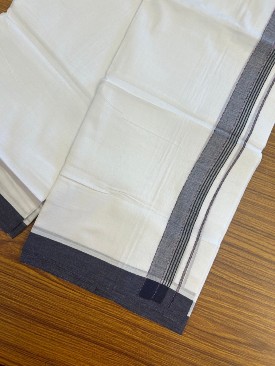 14% Discount ! Kaitharikada Balaramapuram 100% Cotton Pure White Double Mundu/Dothi - 72x72 - 1.25 inch Peach & Black Striped Kara 3.65 mtr (8 muzham) - 3 KK5298 SKM